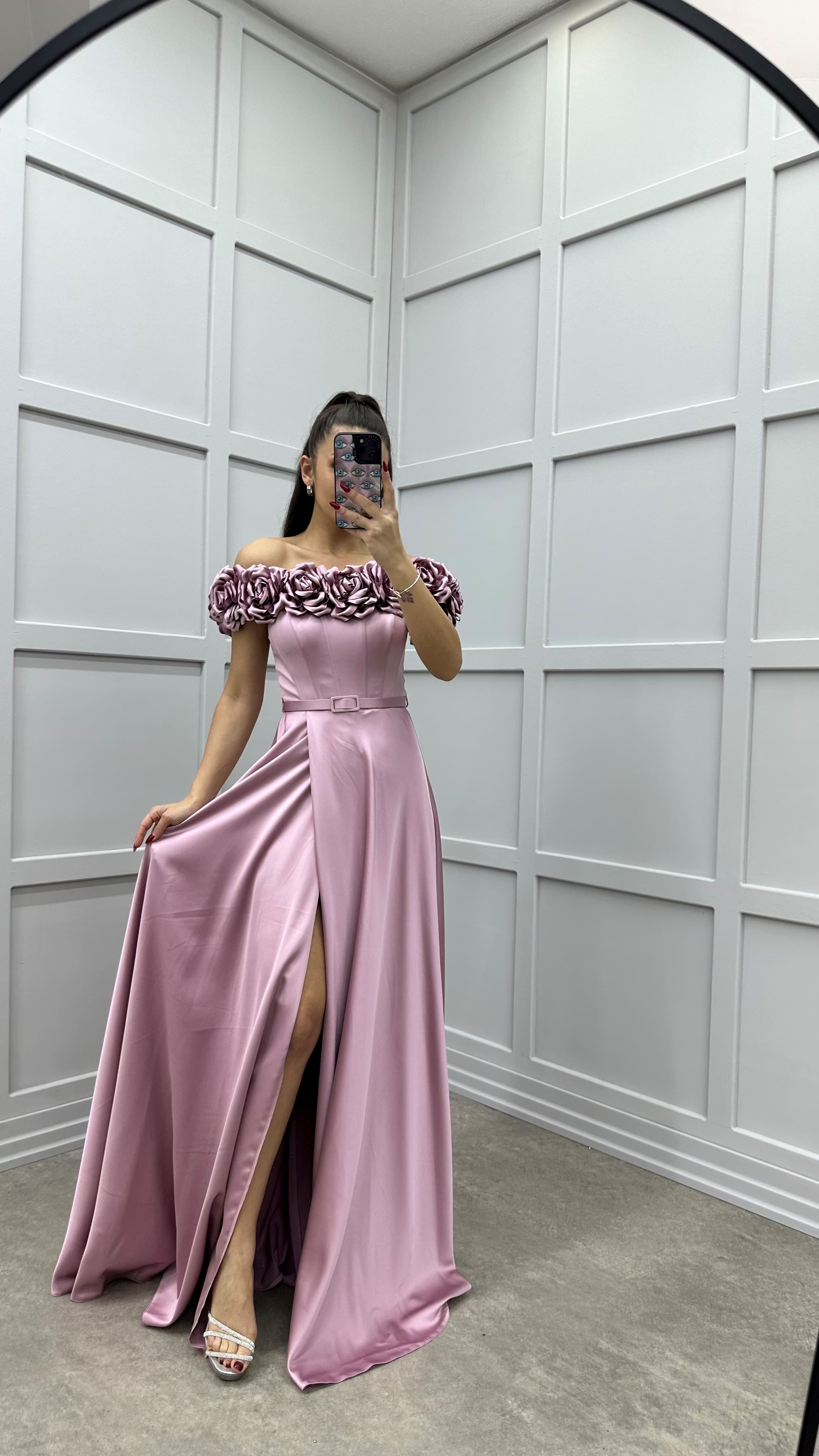 MINT GREEN CHEST ROSE DETAIL DESIGN SATIN EVENING DRESS