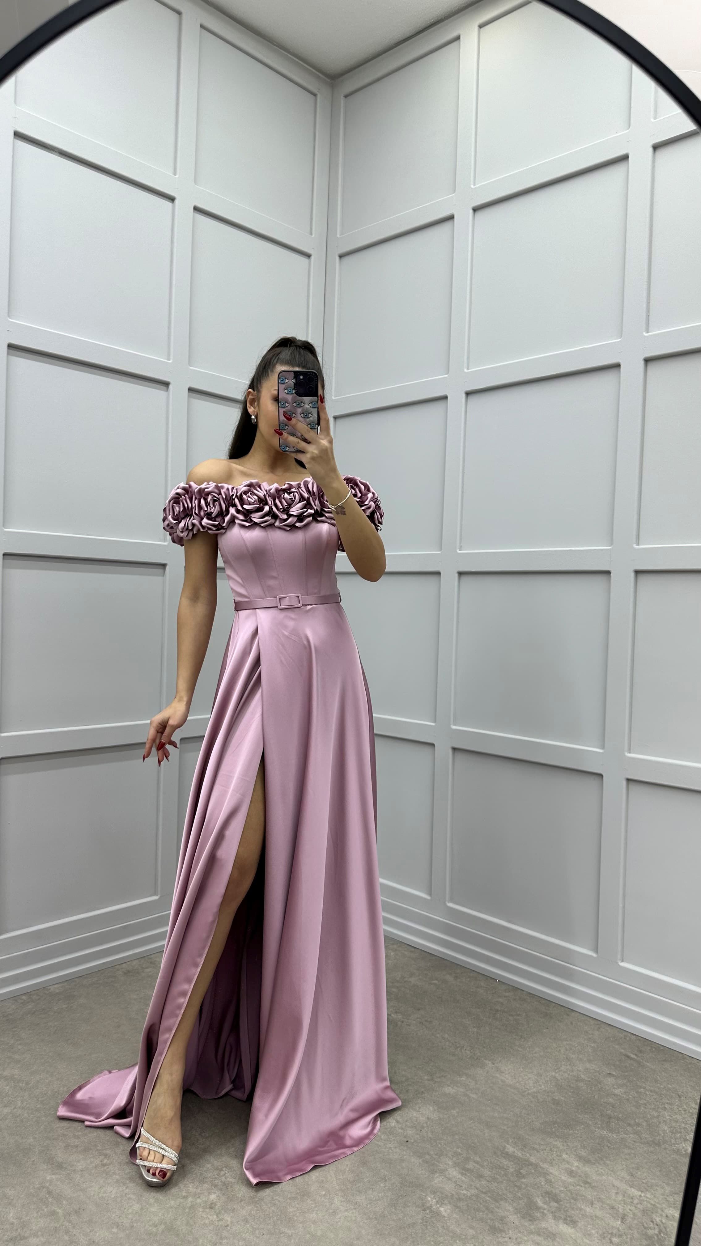 MINT GREEN CHEST ROSE DETAIL DESIGN SATIN EVENING DRESS