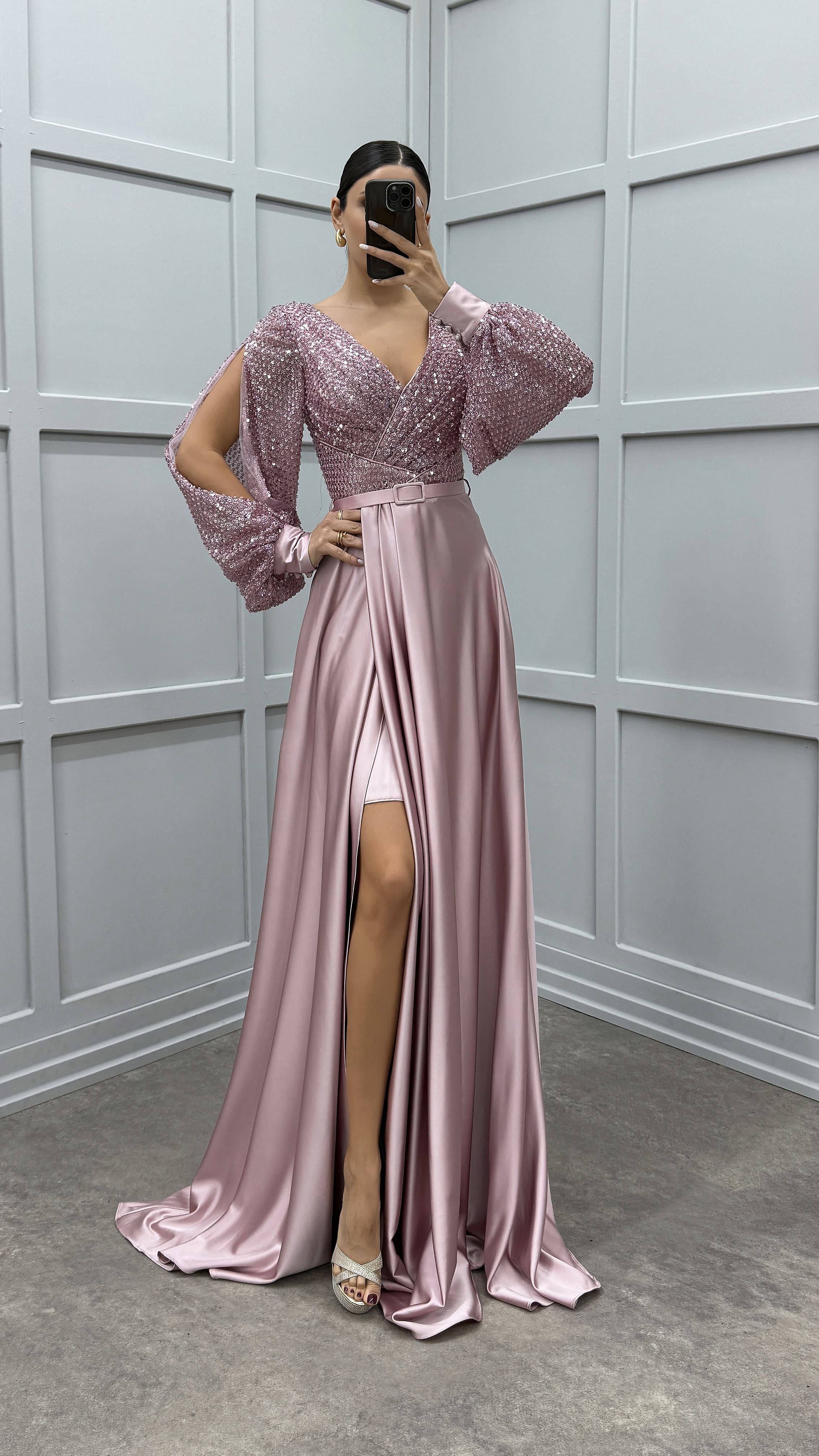 BALLOON SLEEVE CHEST SEQUIN DESIGN SATIN EVENING DRESS