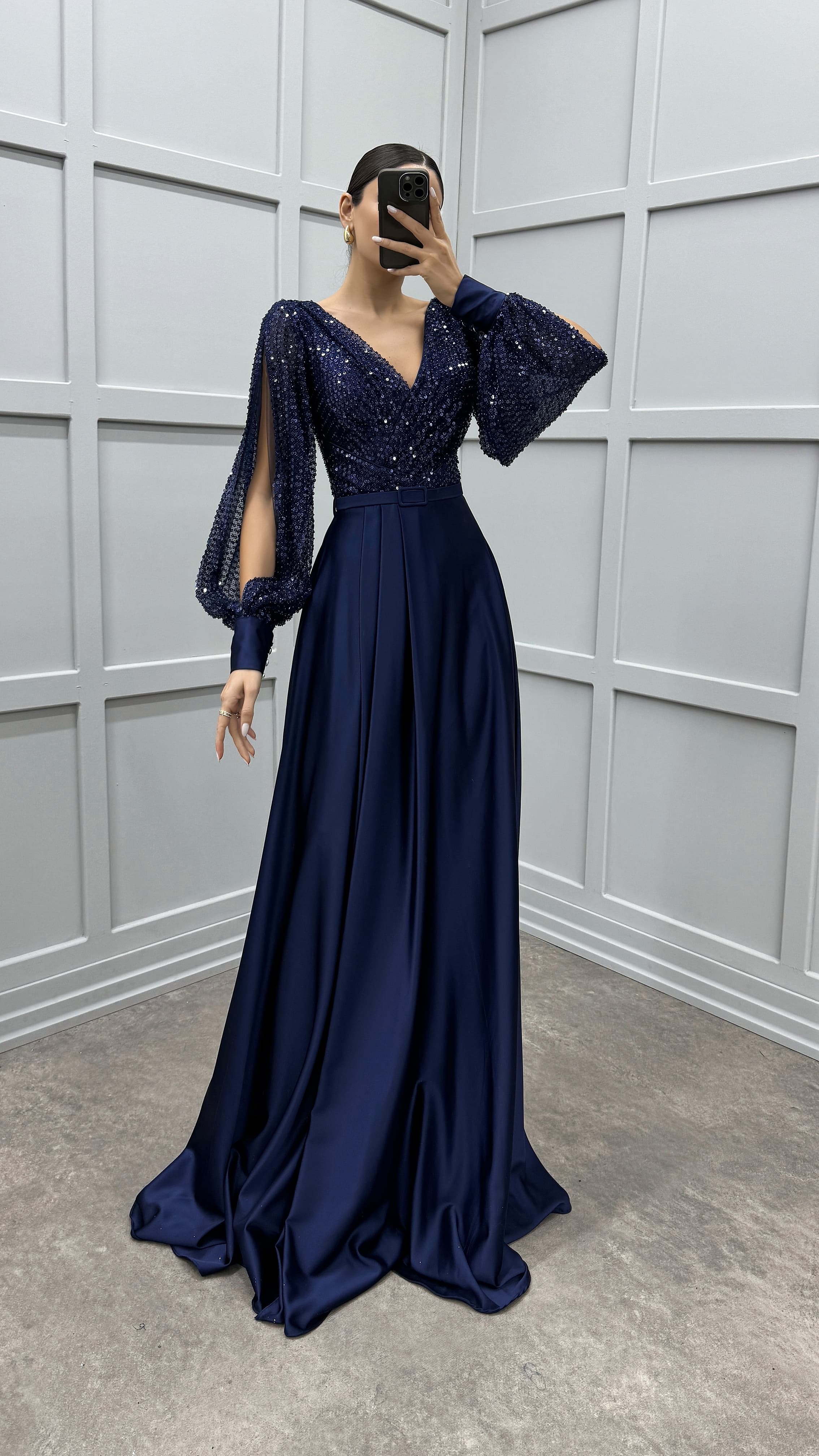 BALLOON SLEEVE CHEST SEQUIN DESIGN SATIN EVENING DRESS