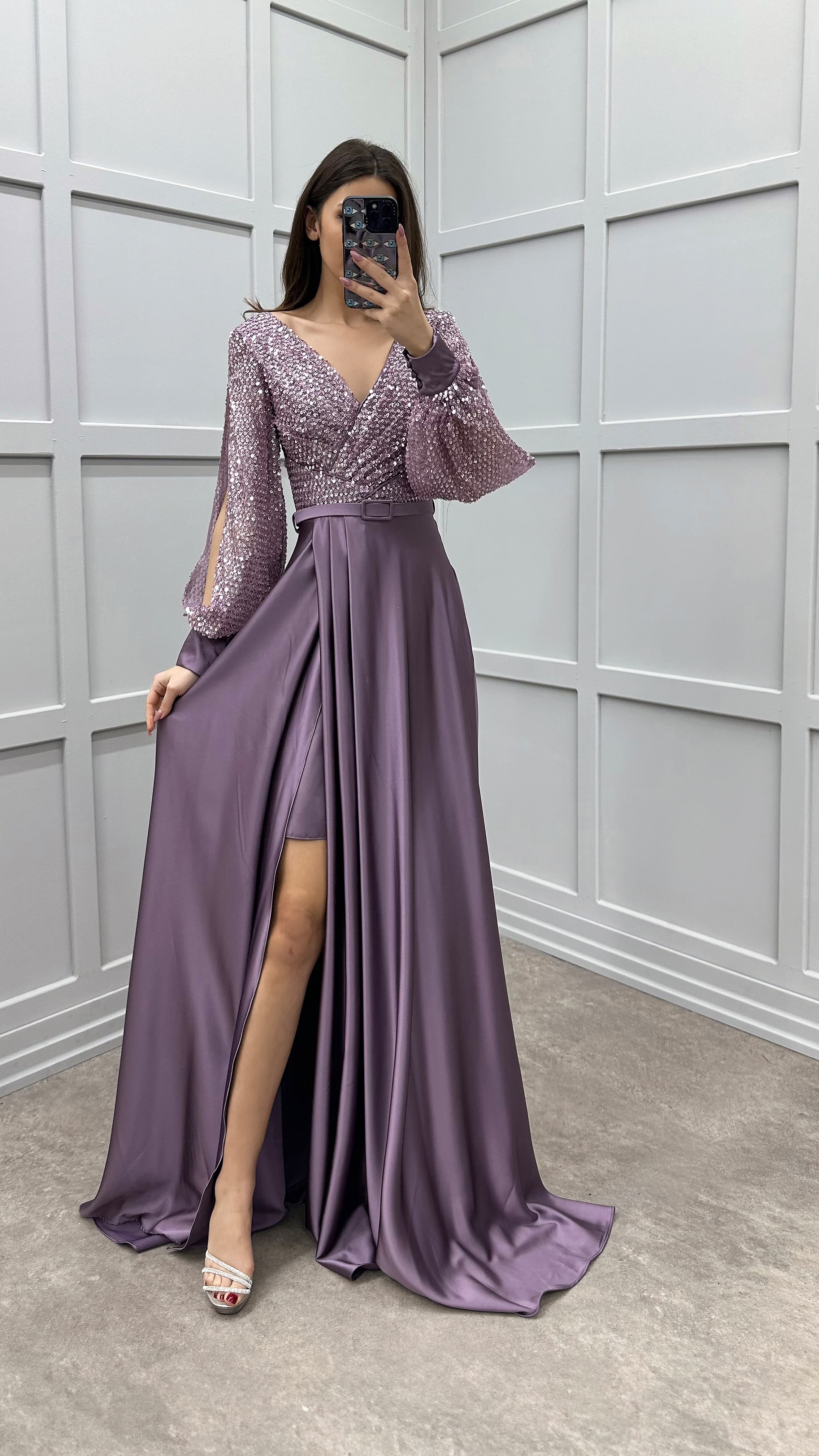 BALLOON SLEEVE CHEST SEQUIN DESIGN SATIN EVENING DRESS