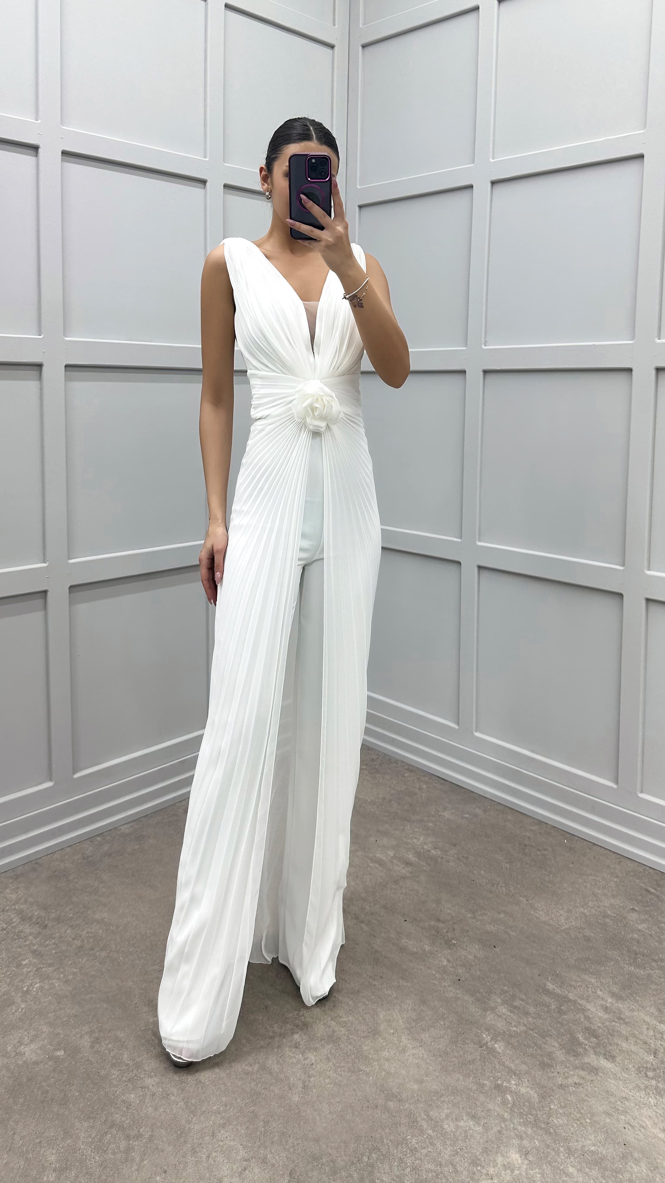 WAIST DETAIL PLEATED DESIGN EVENING DRESS JUMPSUIT