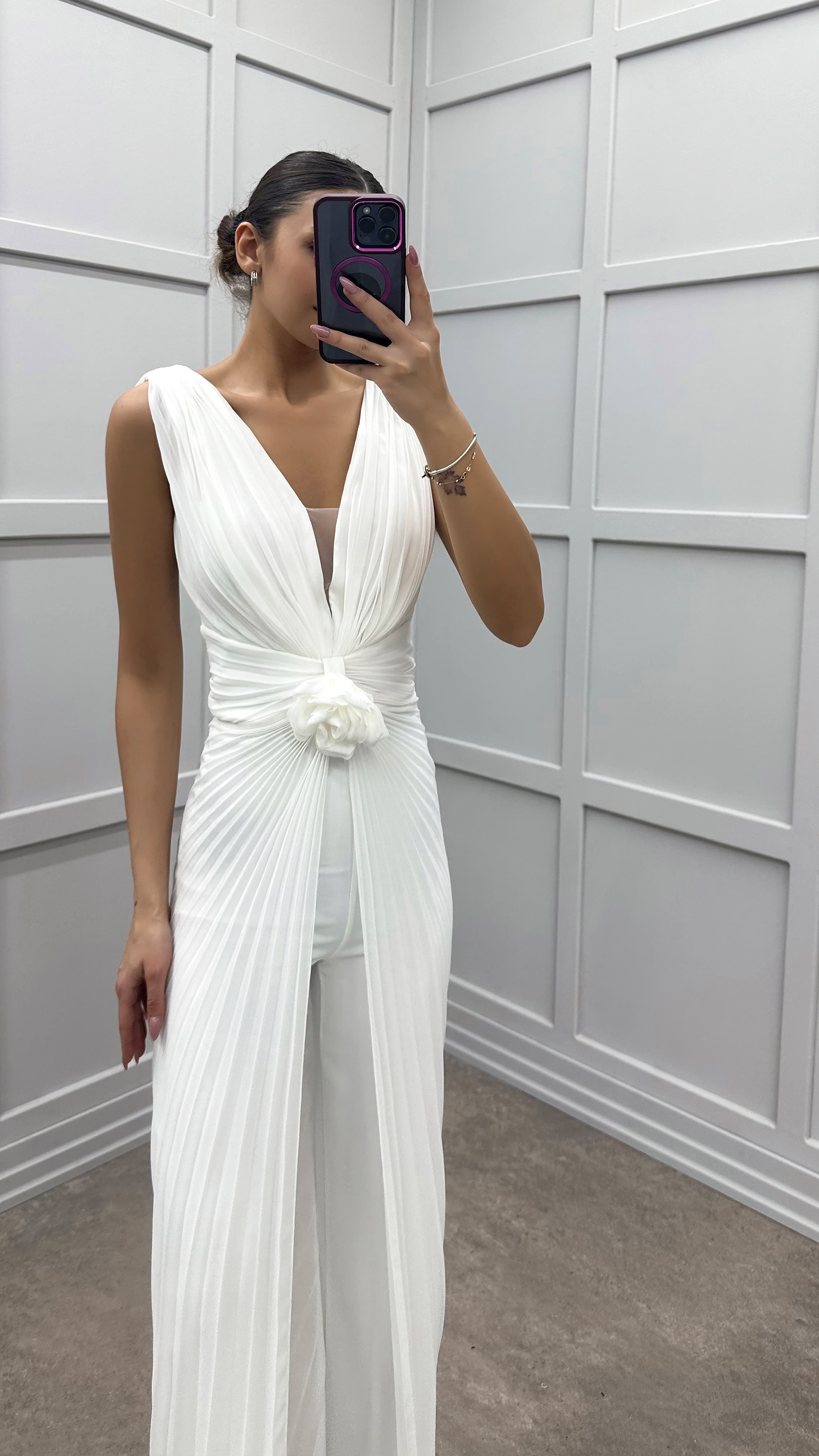 WAIST DETAIL PLEATED DESIGN EVENING DRESS JUMPSUIT