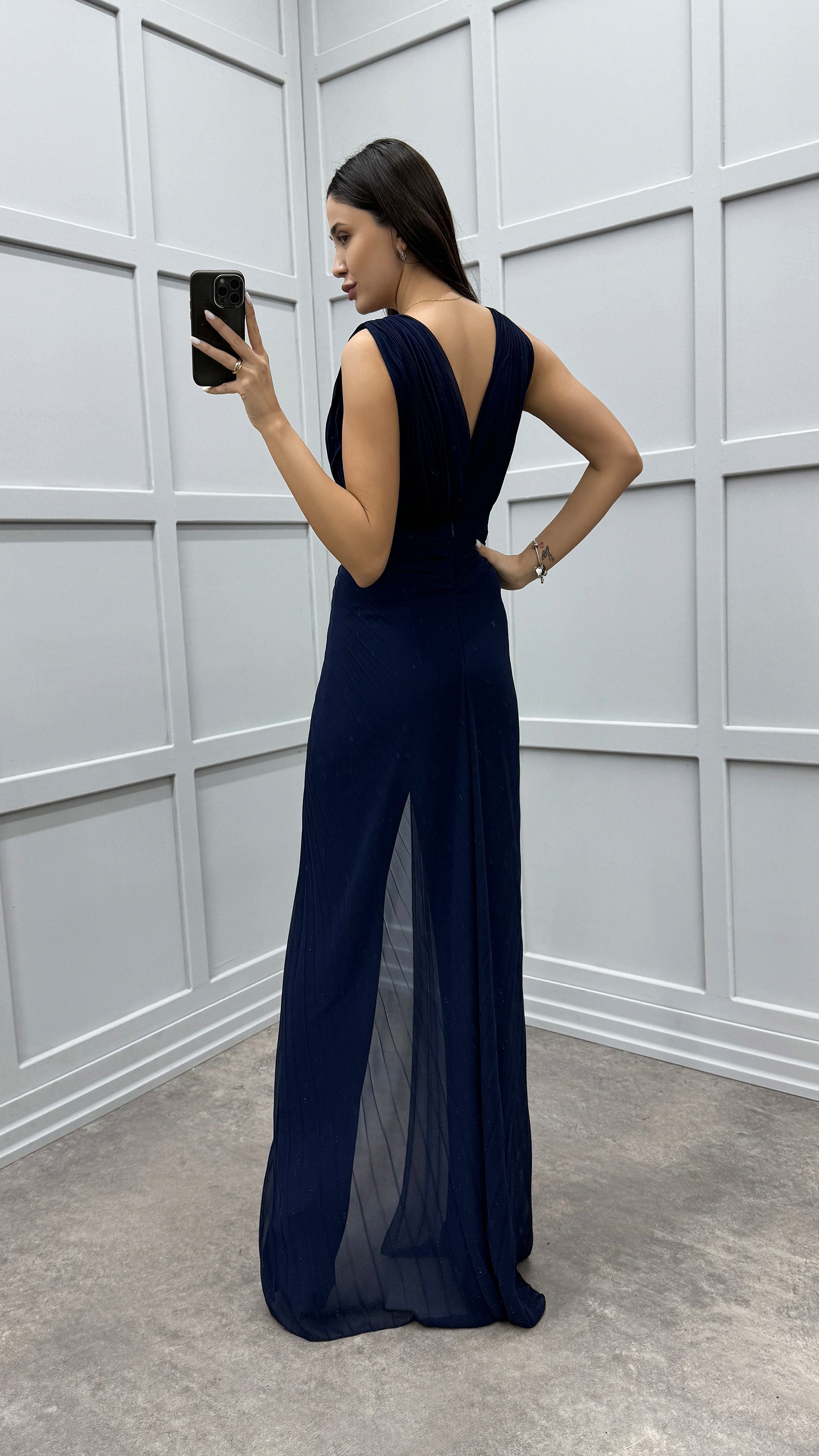 WAIST DETAIL PLEATED DESIGN EVENING DRESS JUMPSUIT