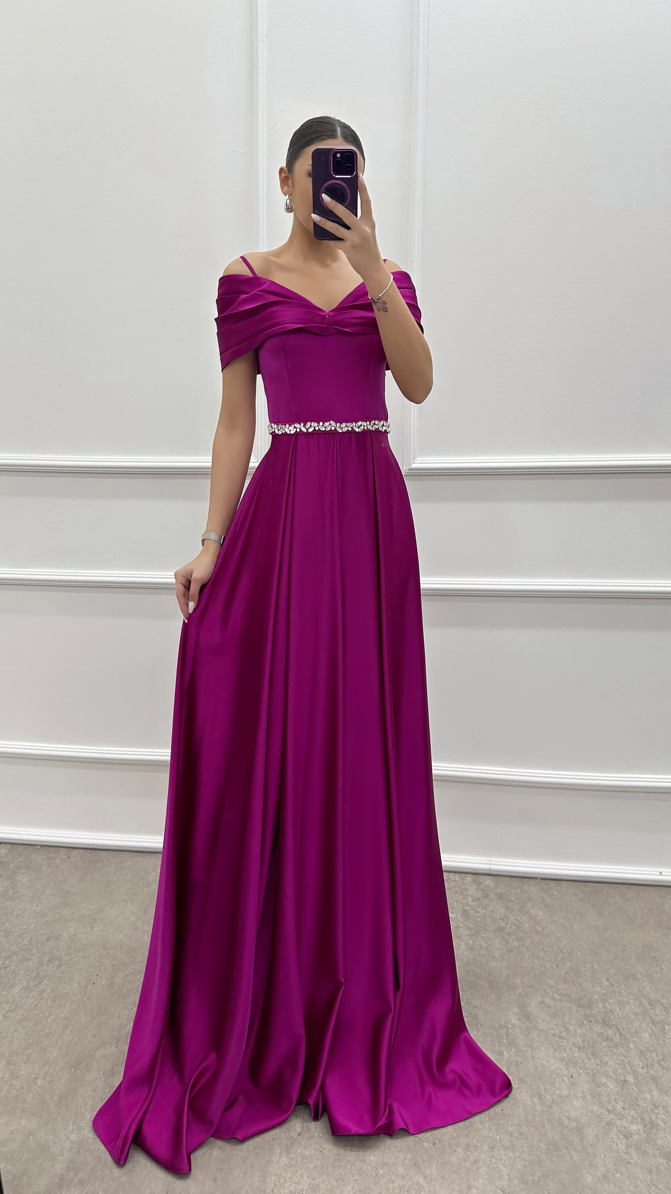 BLUE CHEST DETAIL WAIST STONE DESIGN SATIN EVENING DRESS