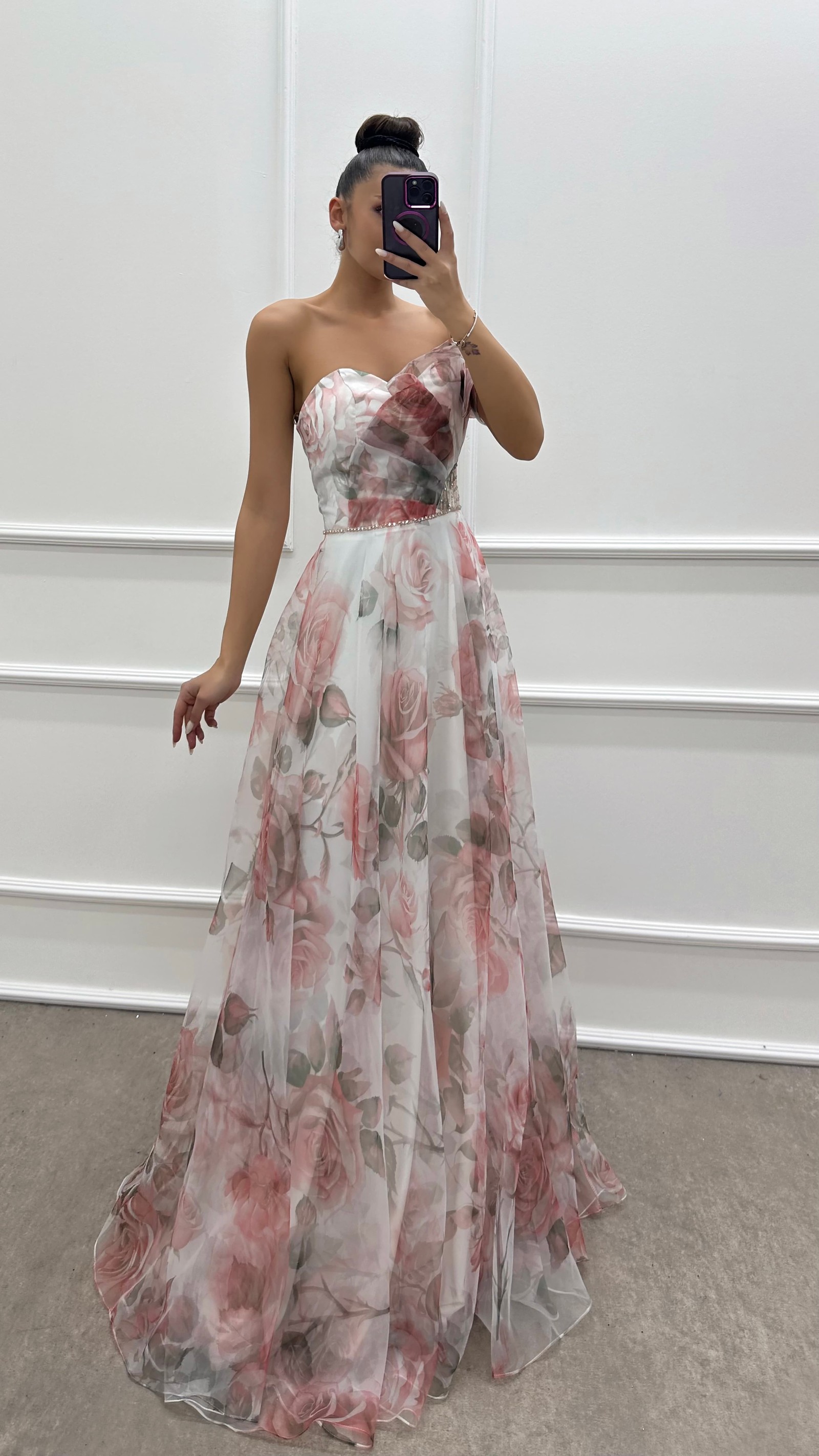 FUCHSIA STRAPLESS PATTERNED CHEST DETAIL CHIFFON DRESS