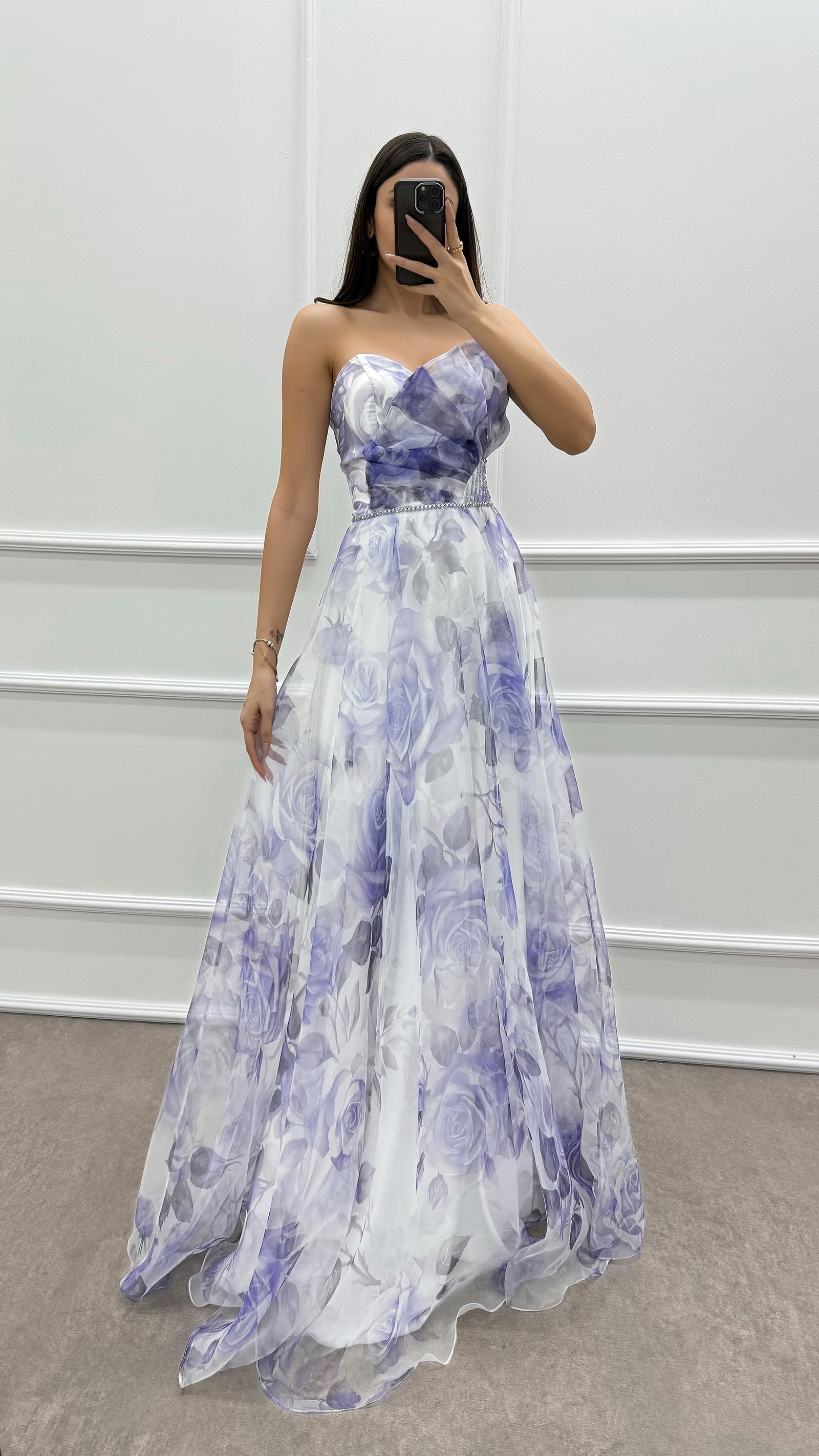 FUCHSIA STRAPLESS PATTERNED CHEST DETAIL CHIFFON DRESS