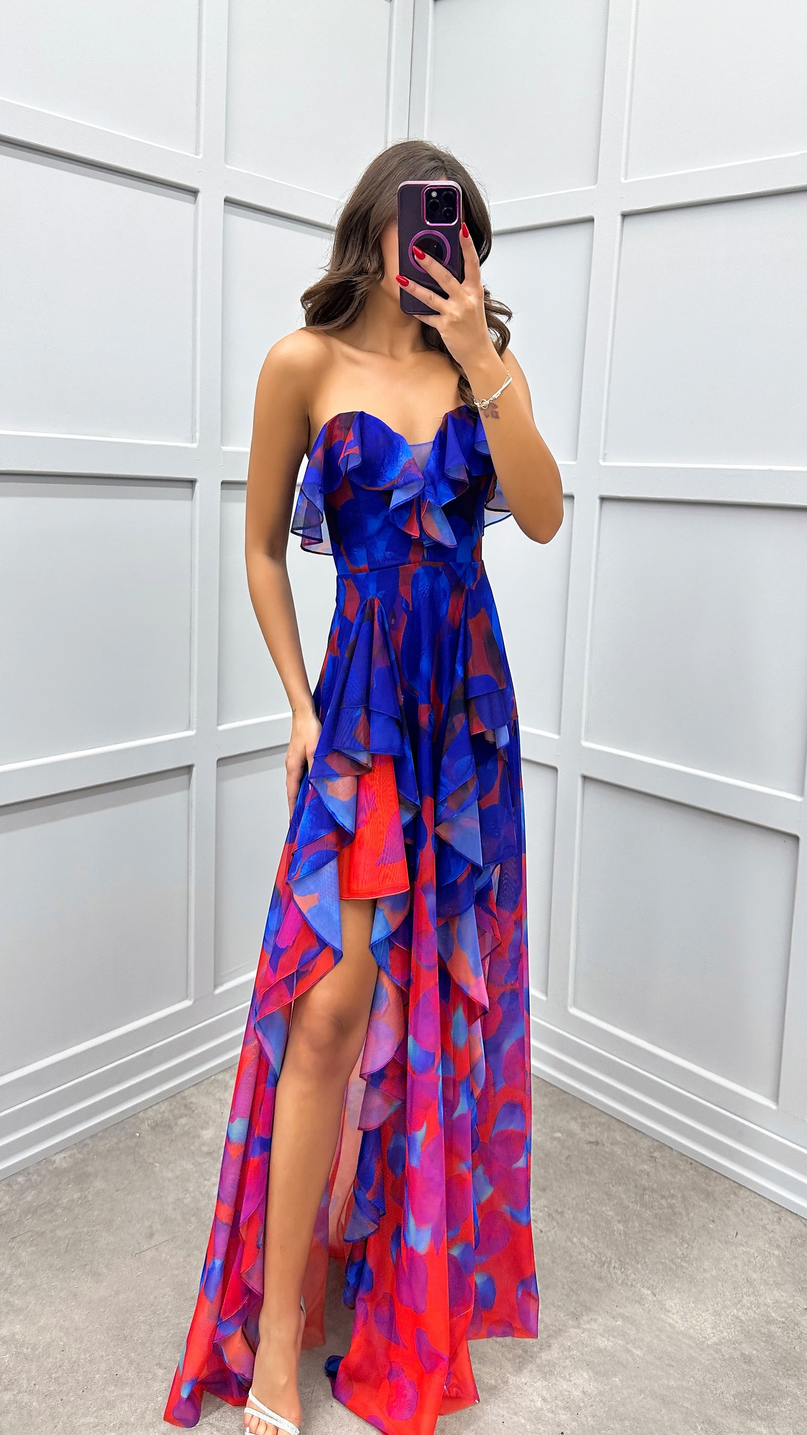 SAKS STRAPLESS FLOUNCE EVENING DRESS