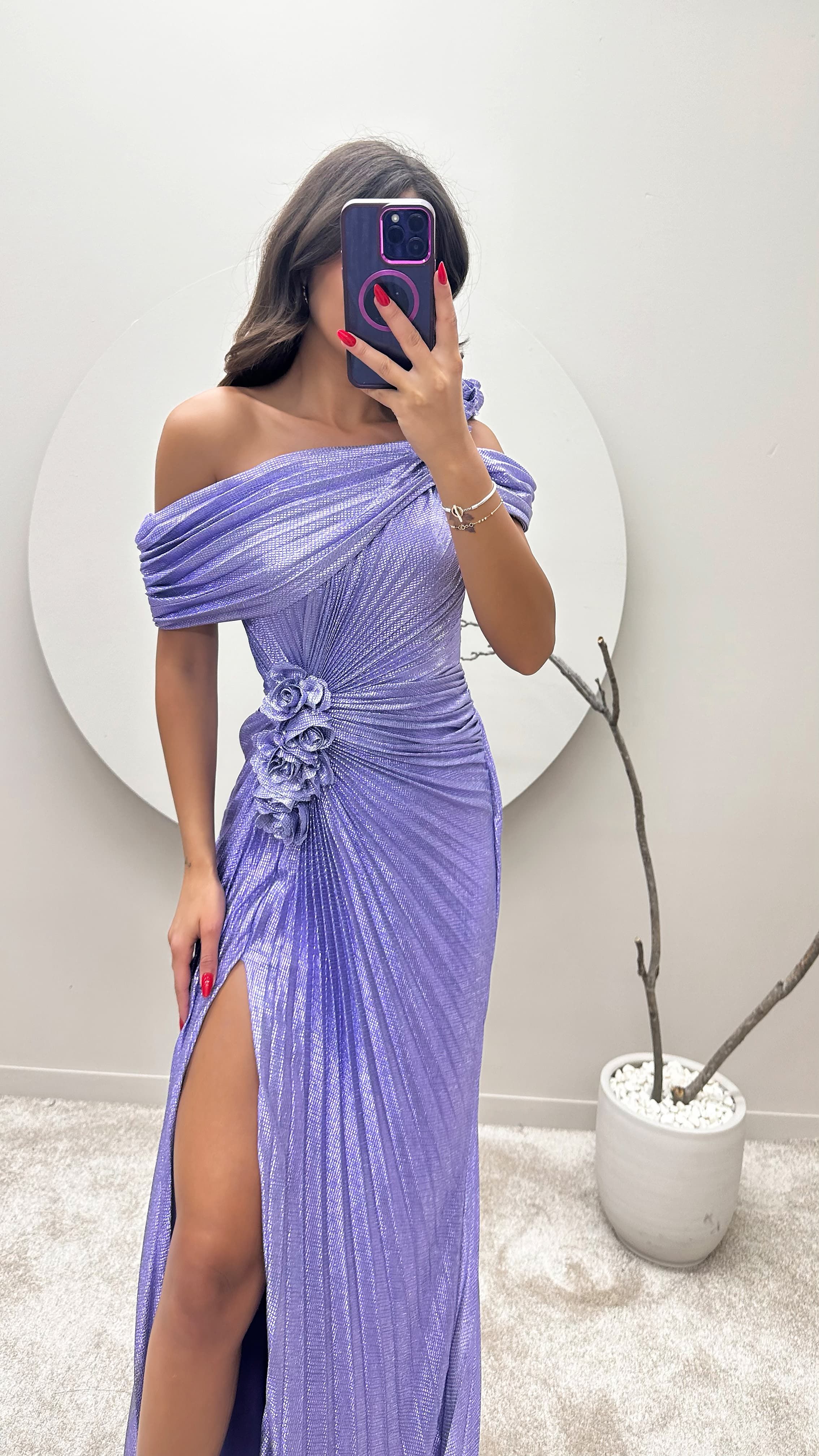 ONE SHOULDER ROSE DETAIL EVENING DRESS