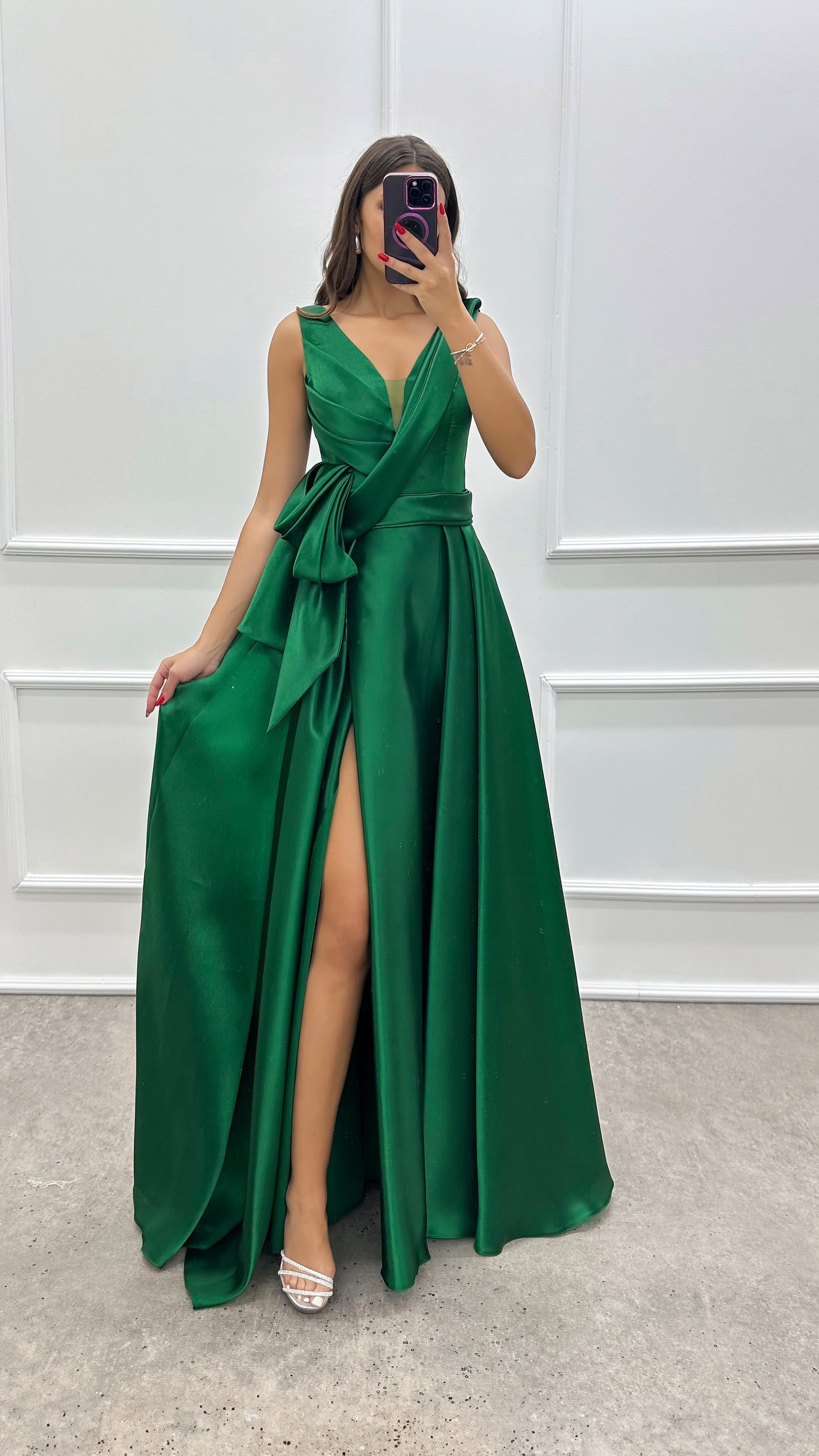 CHEST ASYMMETRICAL CUT WAIST DETAIL SATIN DRESS