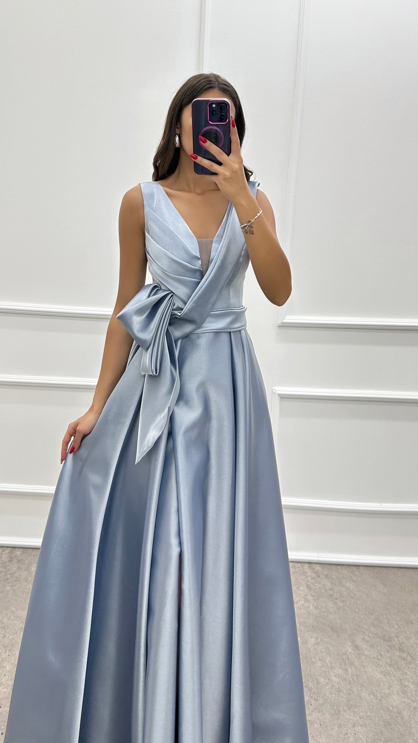 CHEST ASYMMETRICAL CUT WAIST DETAIL SATIN DRESS