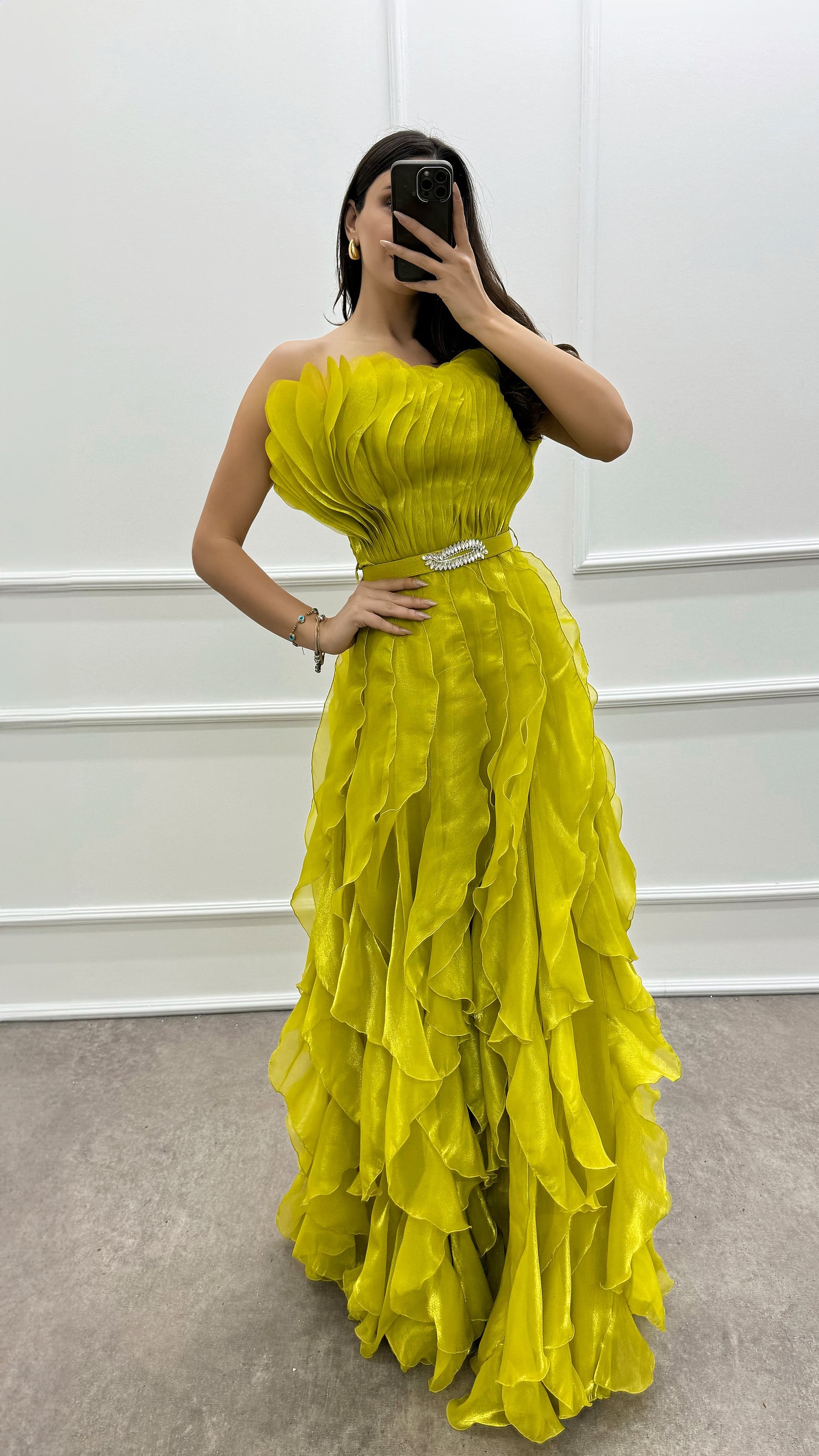 ORANGE STRAPLESS FLYWHEEL DETAIL BELTED EVENING DRESS