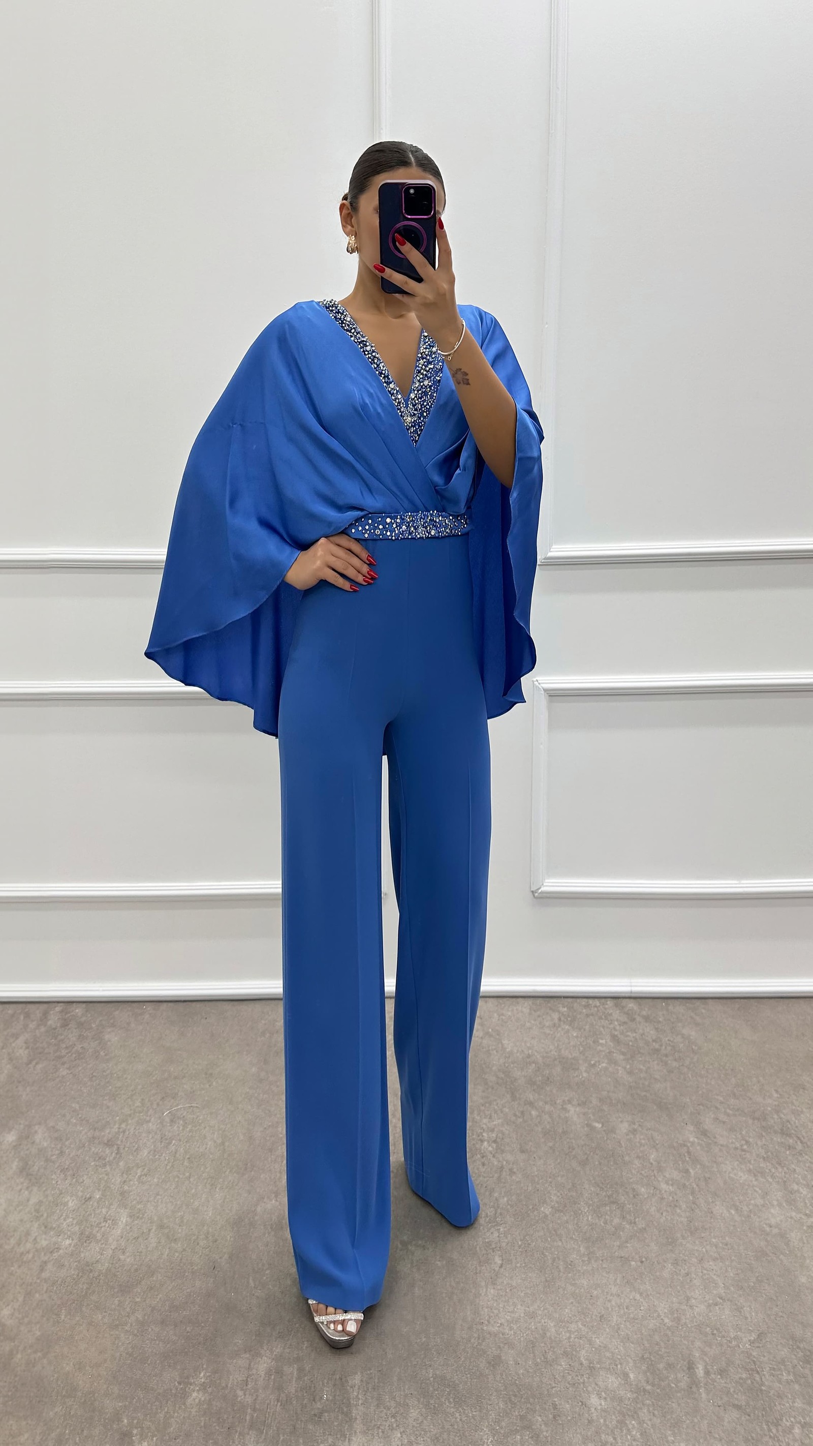 INDIGO DOUBLE-BREASTED COLLAR CAPE STONE JUMPSUIT