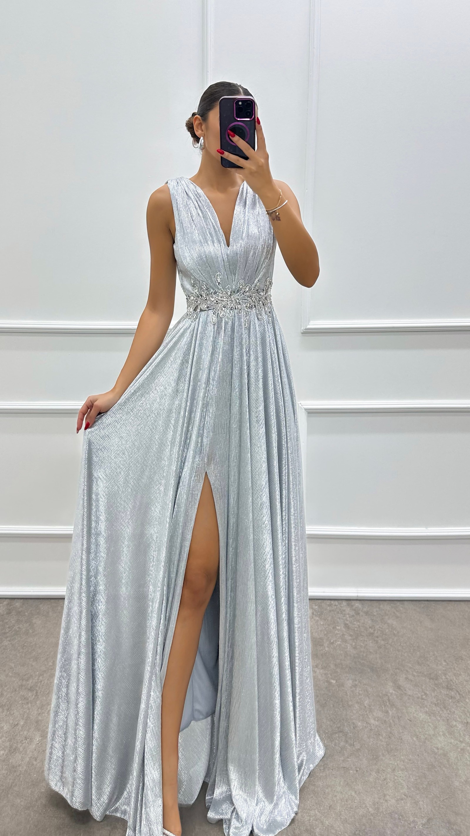 GREY V-NECK WAIST EMBROIDERED DESIGN DRESS