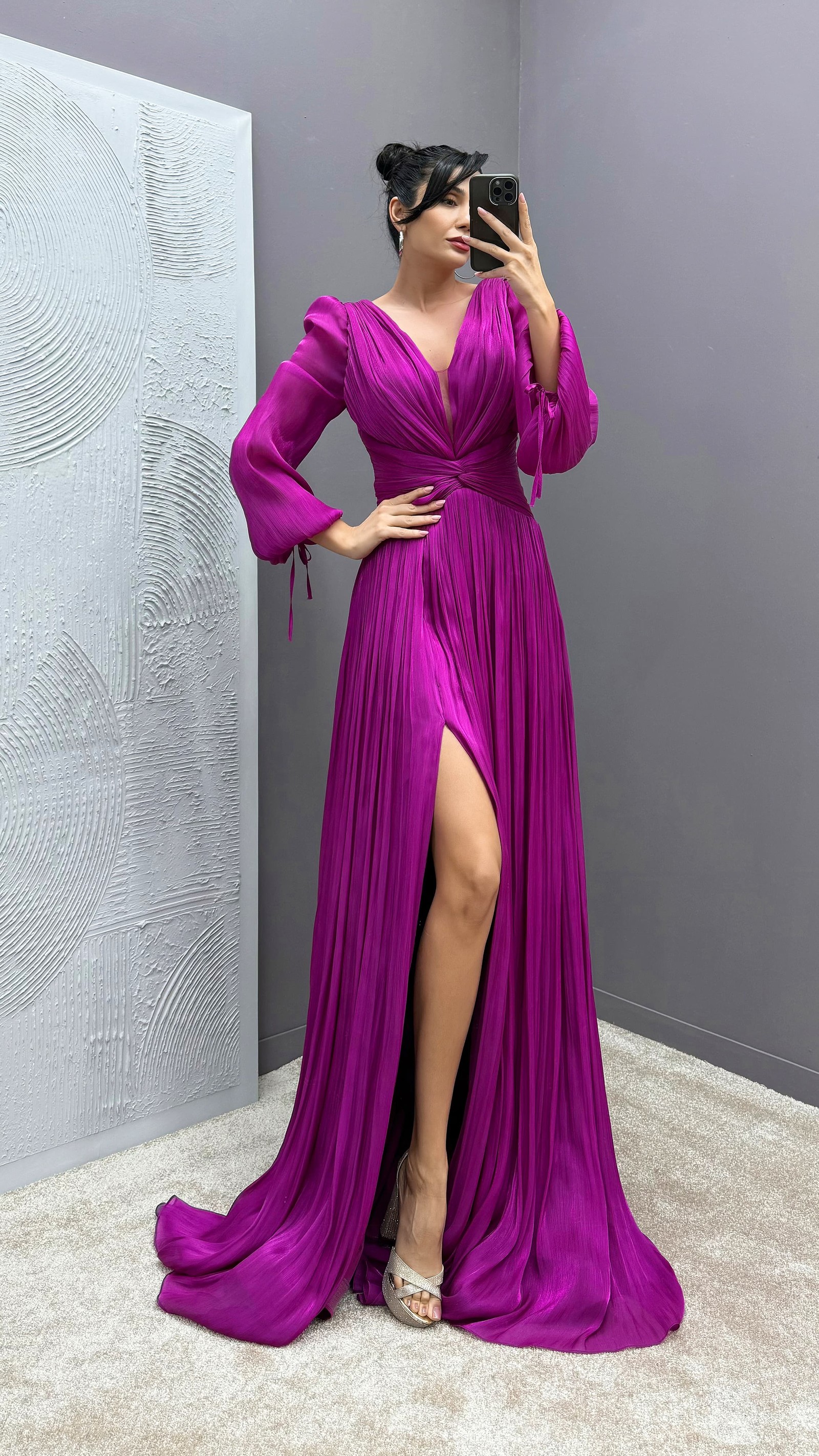 BEIGE BALLOON SLEEVE DRAPED DESIGN DRESS
