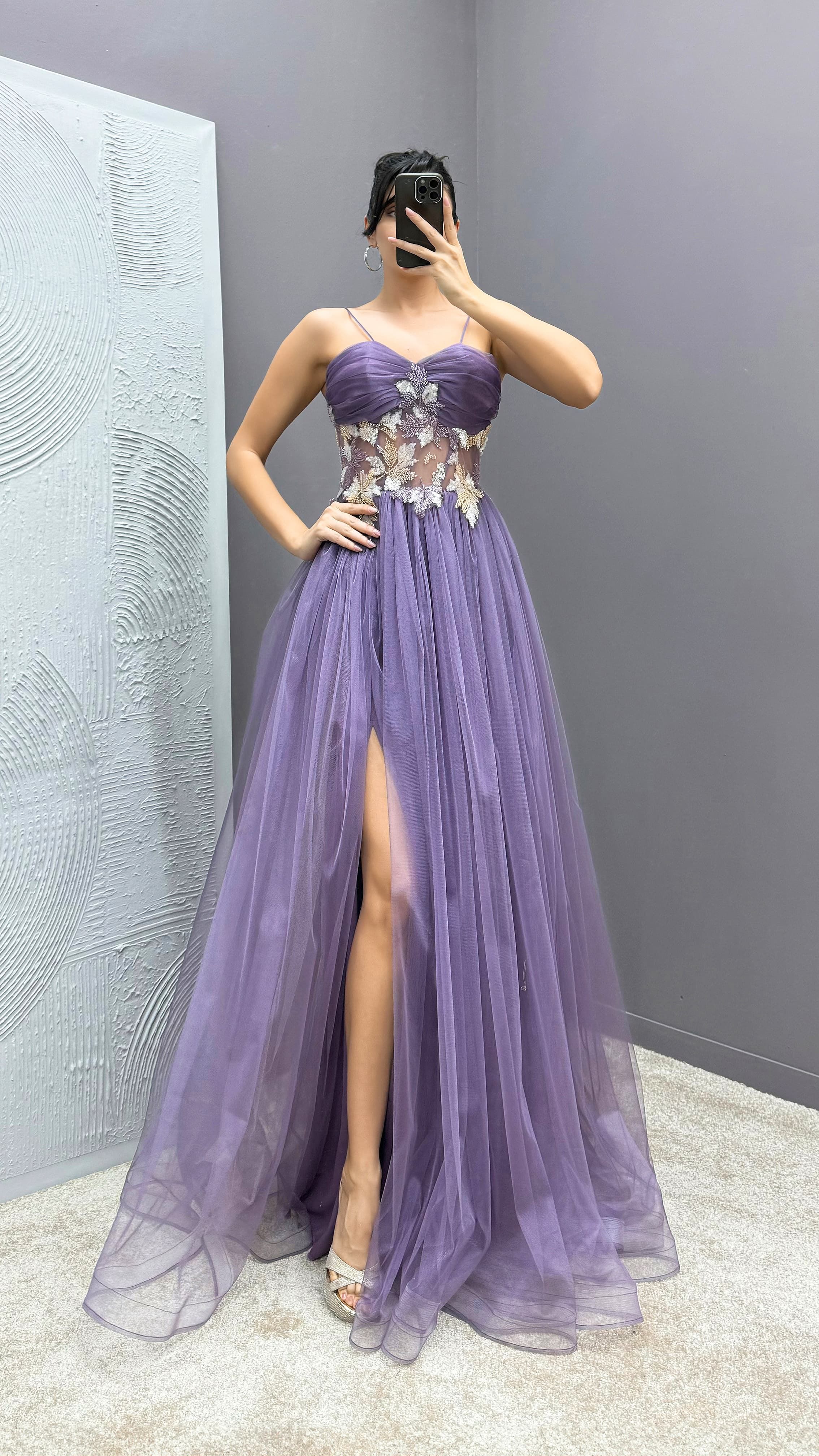 Rope Strap Waist Detail Transparent Tulle Evening Dress