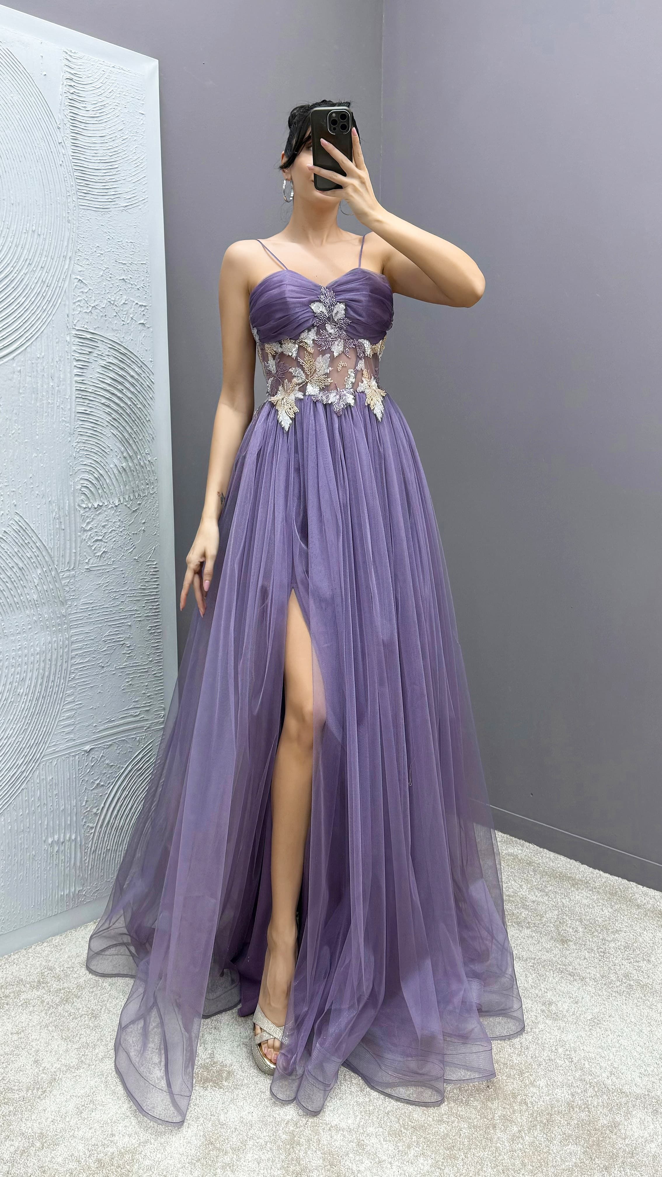 Rope Strap Waist Detail Transparent Tulle Evening Dress