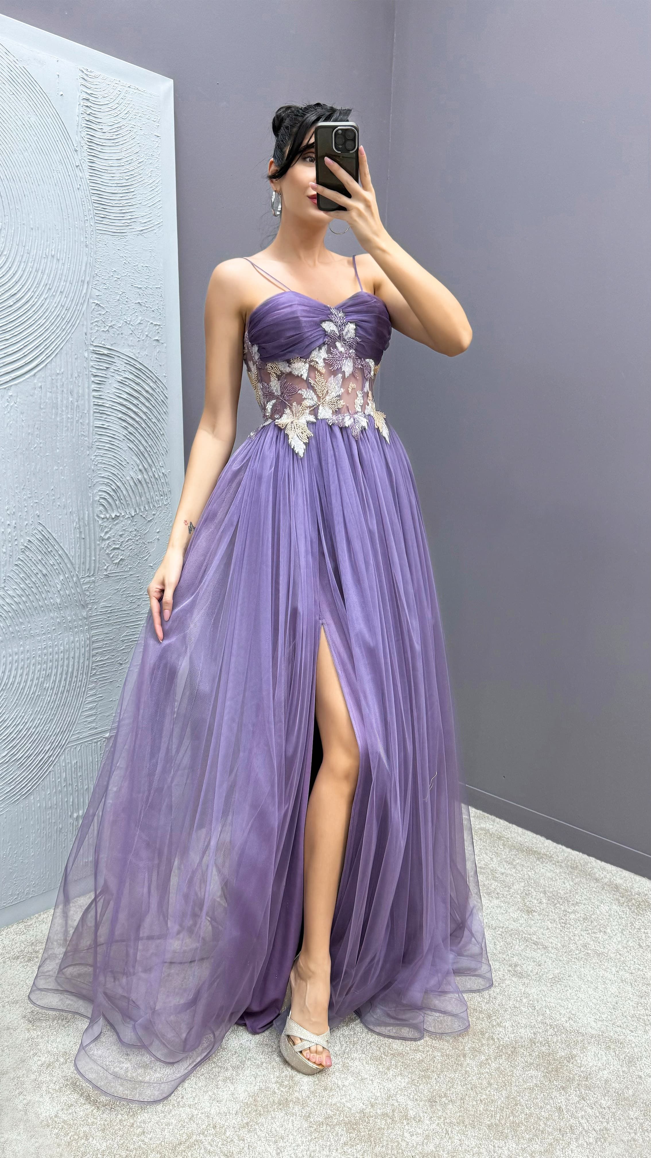 Rope Strap Waist Detail Transparent Tulle Evening Dress