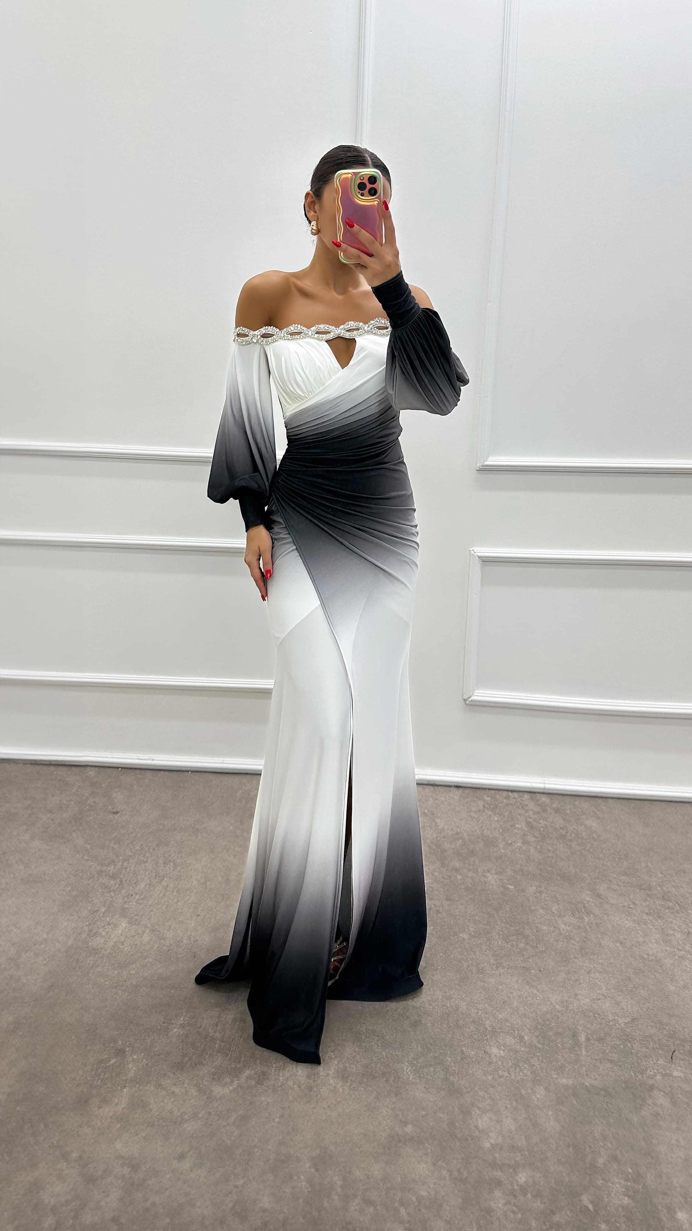 Boat Neck Stone Detail Evening Dress