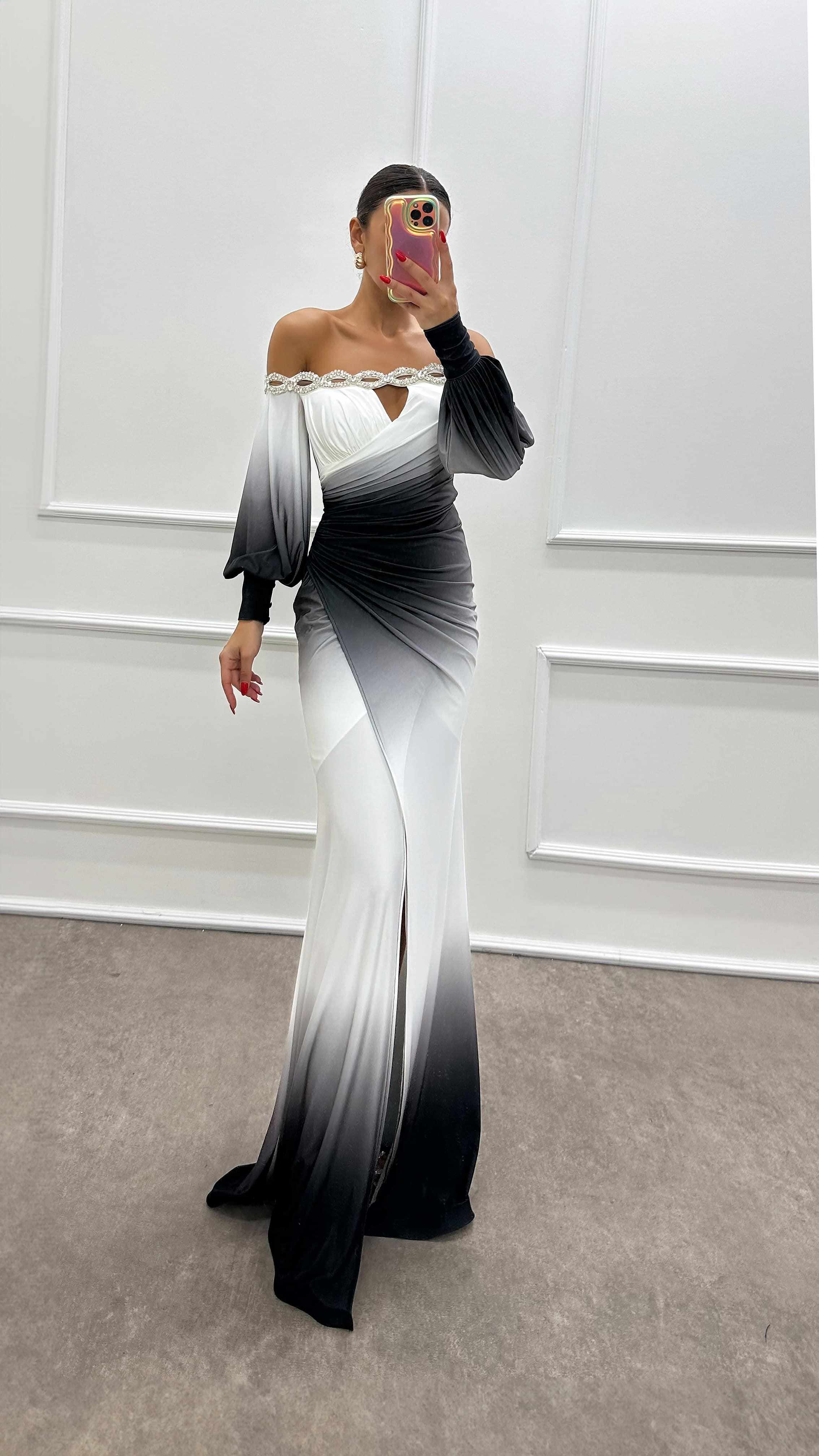 Boat Neck Stone Detail Evening Dress