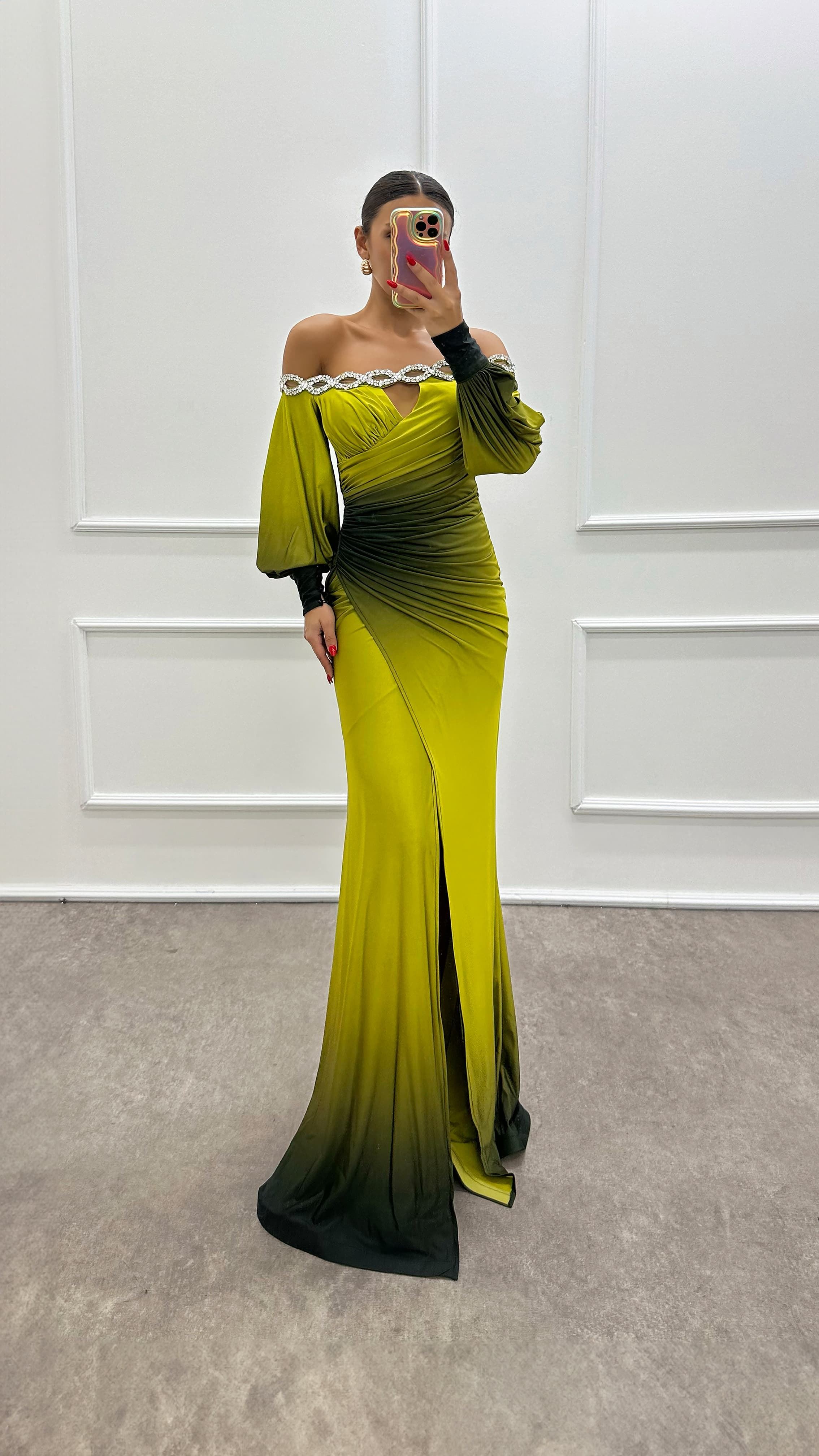 Boat Neck Stone Detail Evening Dress