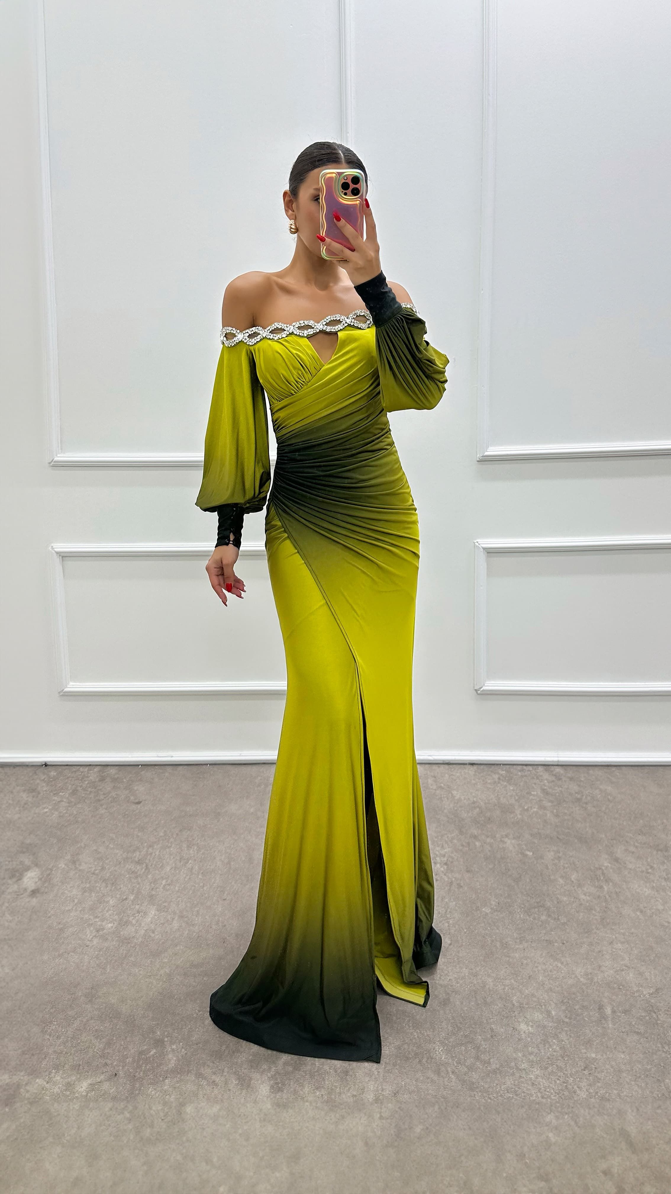 Boat Neck Stone Detail Evening Dress