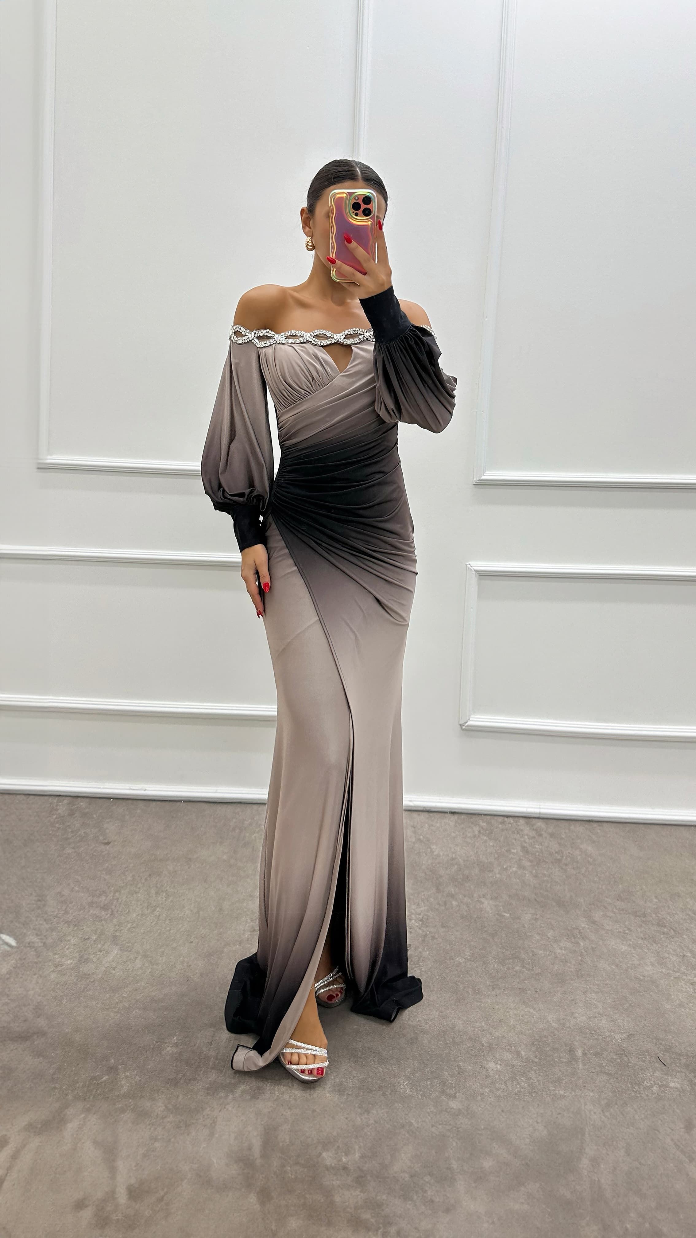 Boat Neck Stone Detail Evening Dress