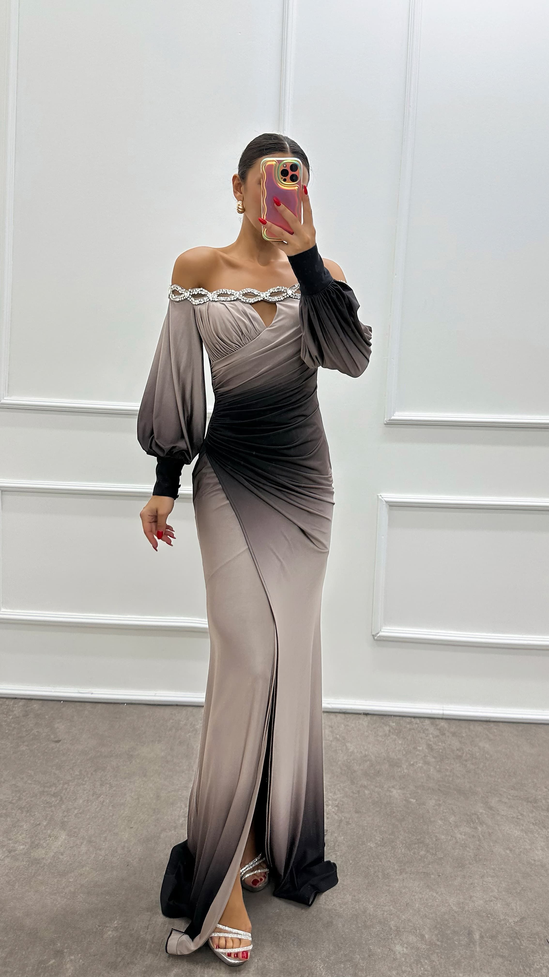 Boat Neck Stone Detail Evening Dress