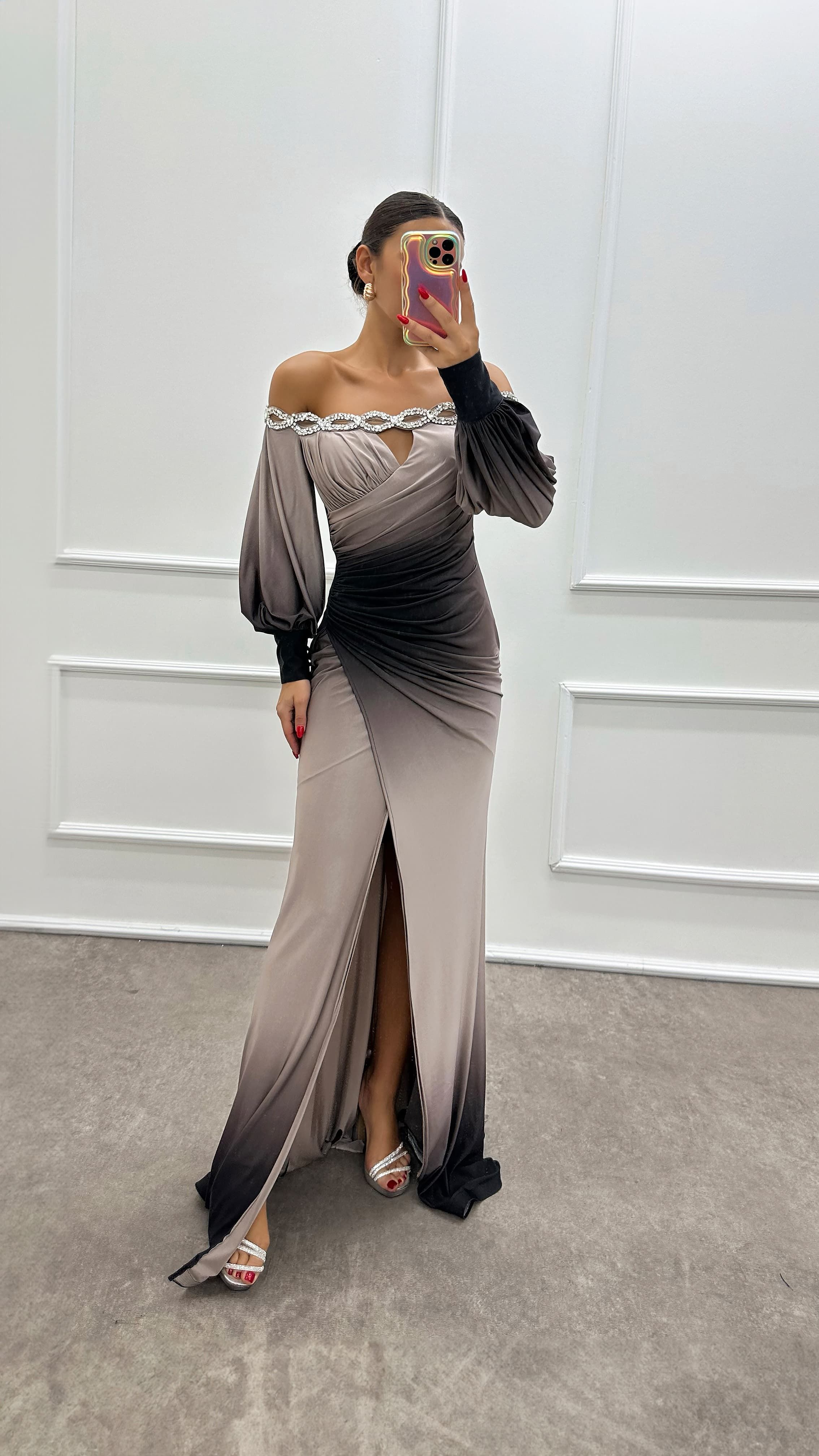 Boat Neck Stone Detail Evening Dress