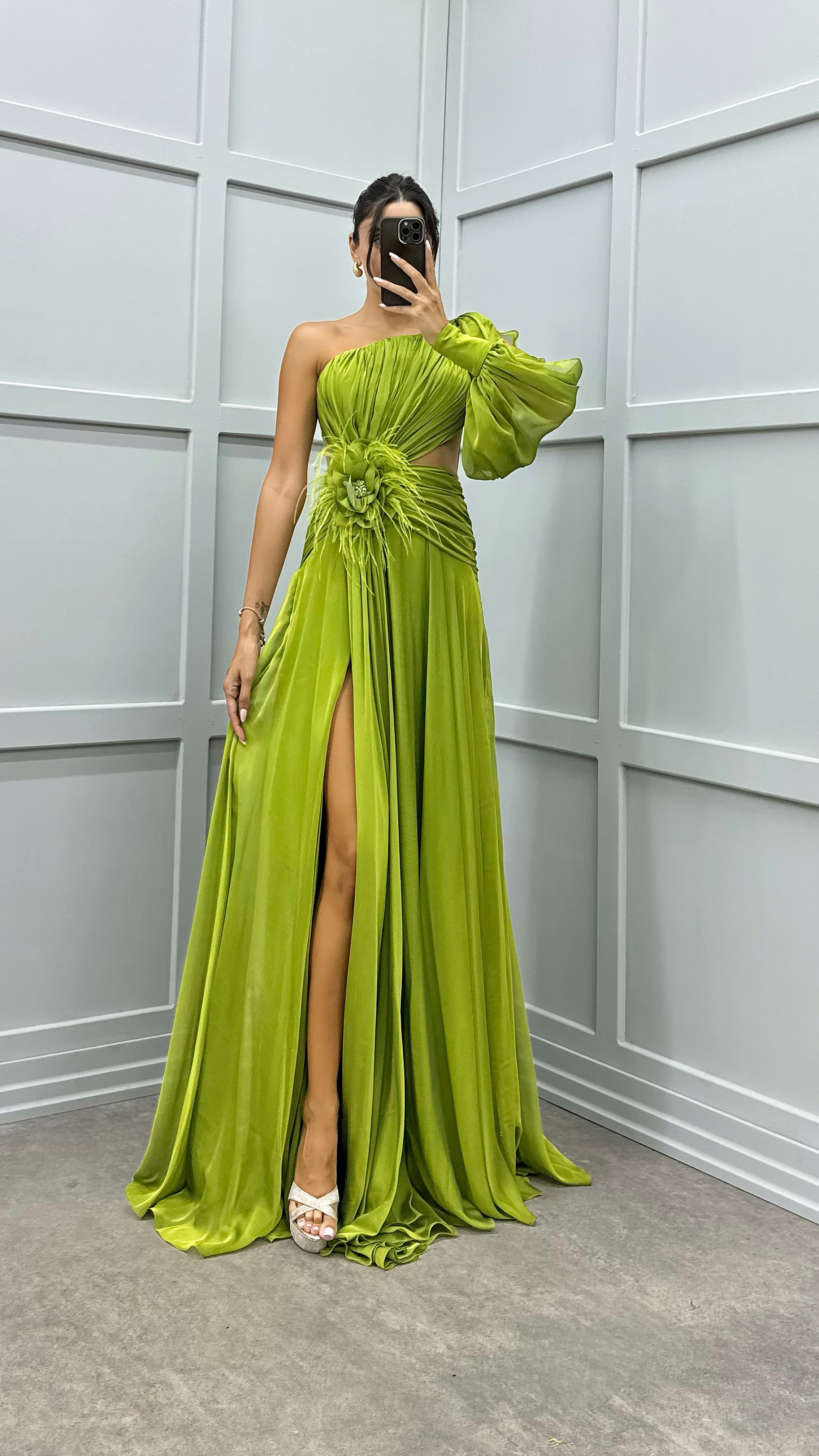 Single Sleeve Waist Sheer Flower Detail Evening Dress