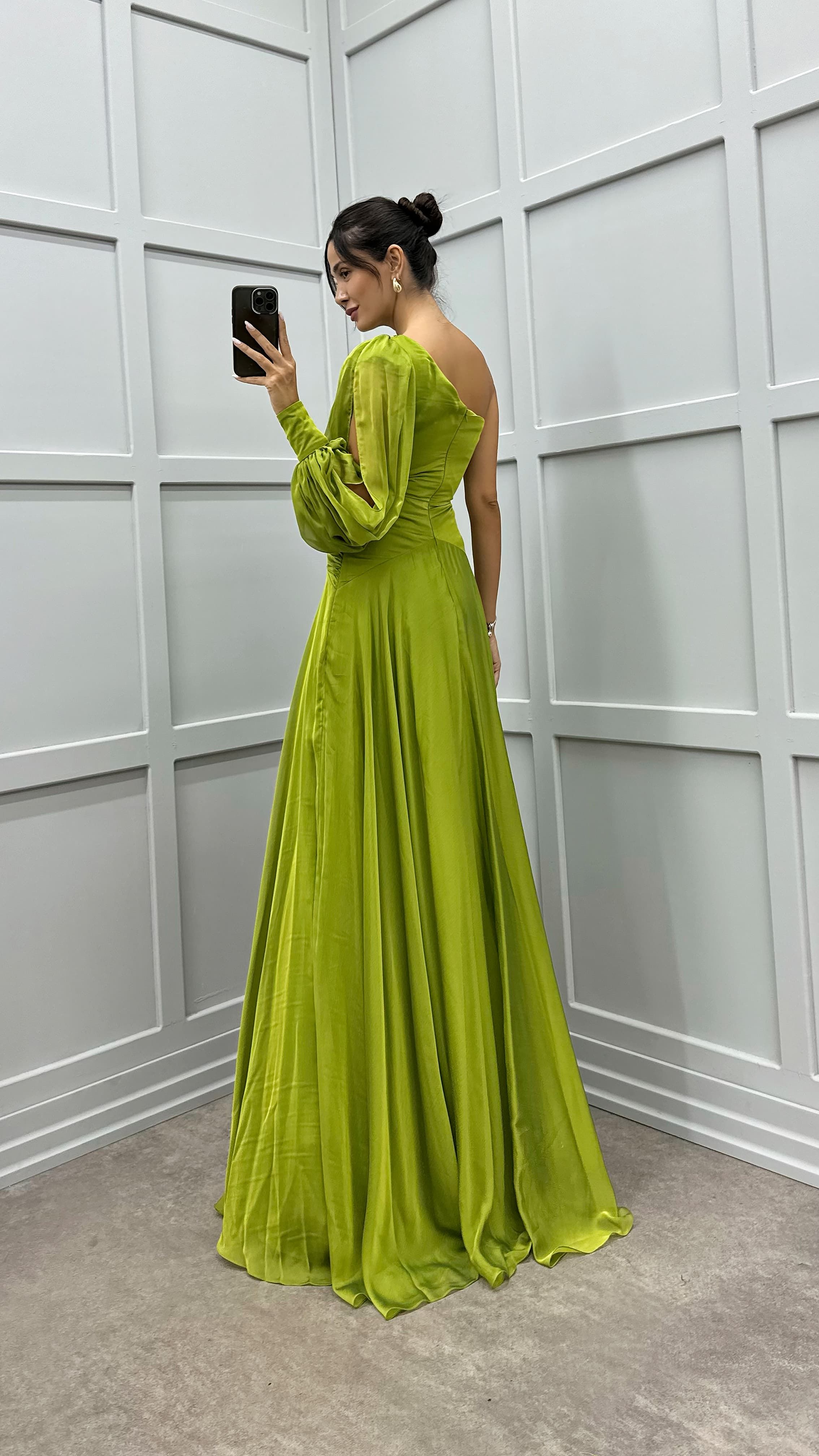Single Sleeve Waist Sheer Flower Detail Evening Dress