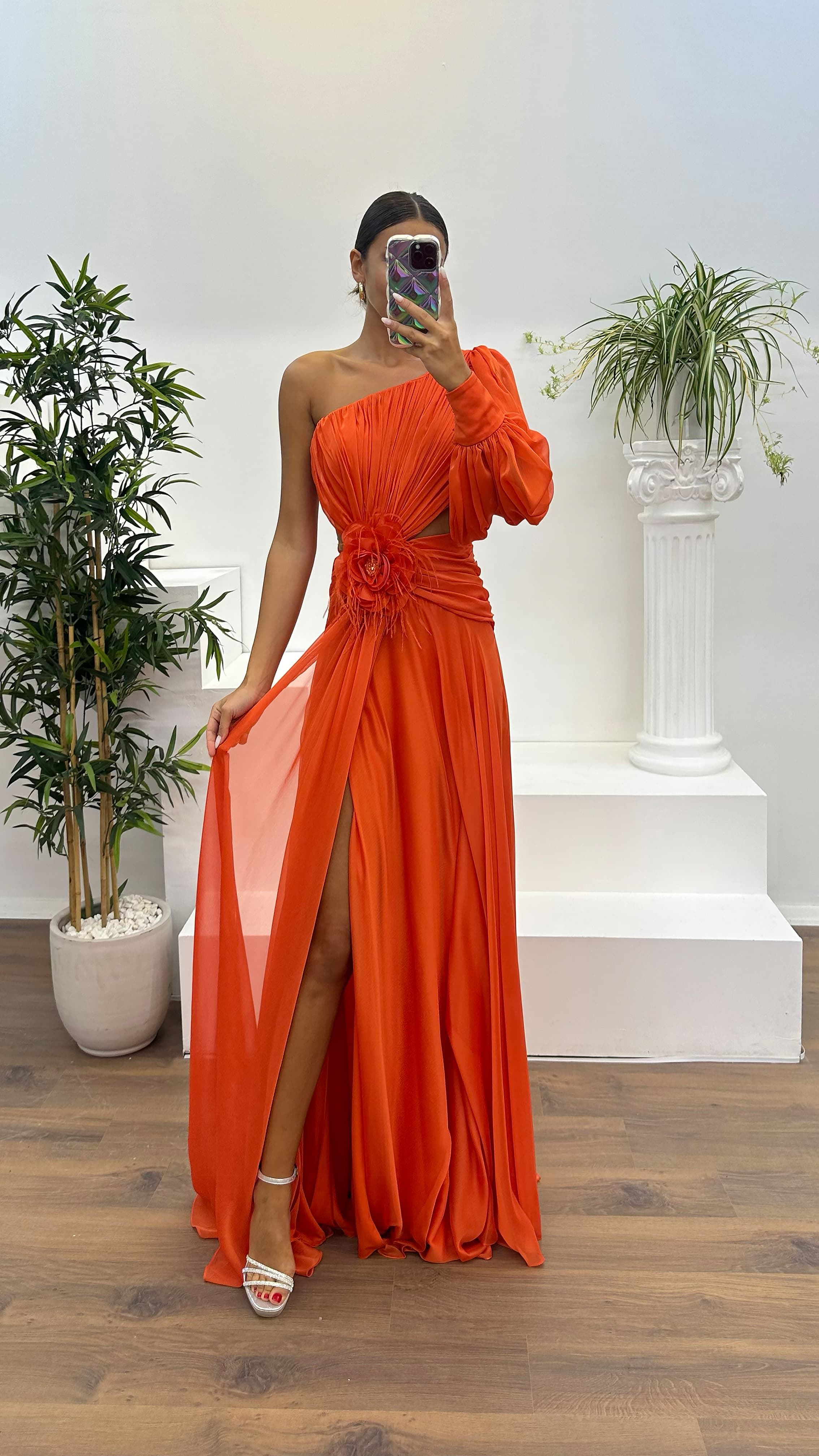 Single Sleeve Waist Sheer Flower Detail Evening Dress