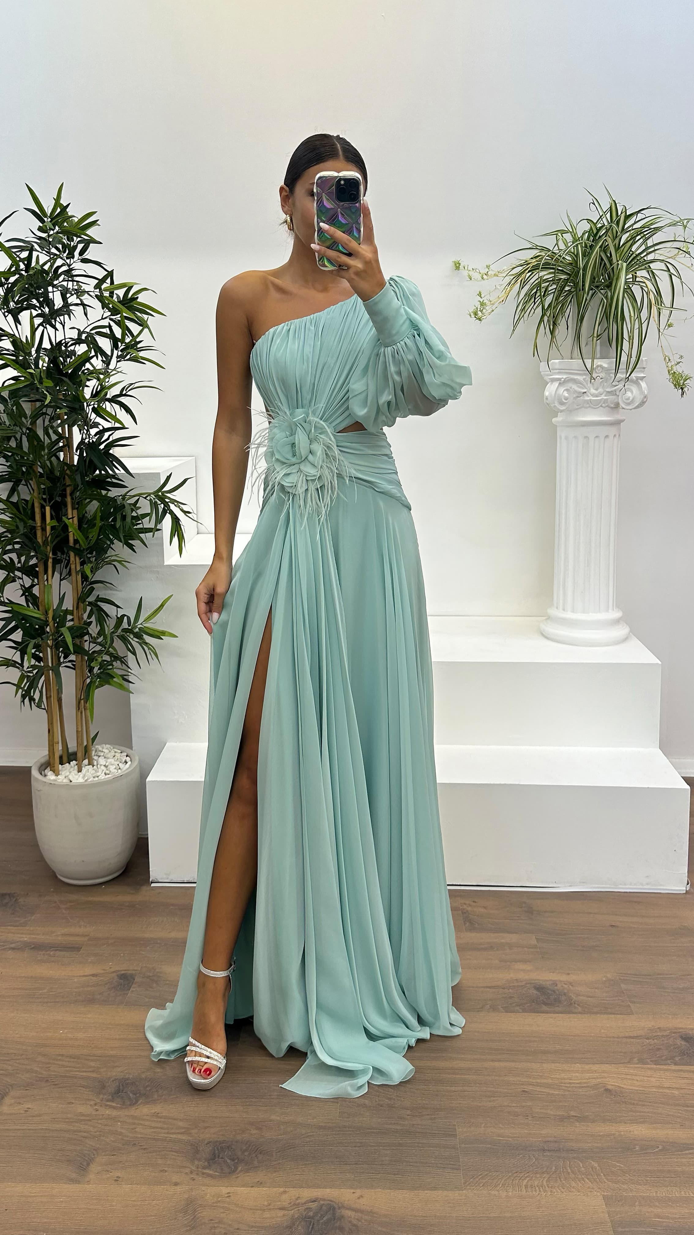 Single Sleeve Waist Sheer Flower Detail Evening Dress