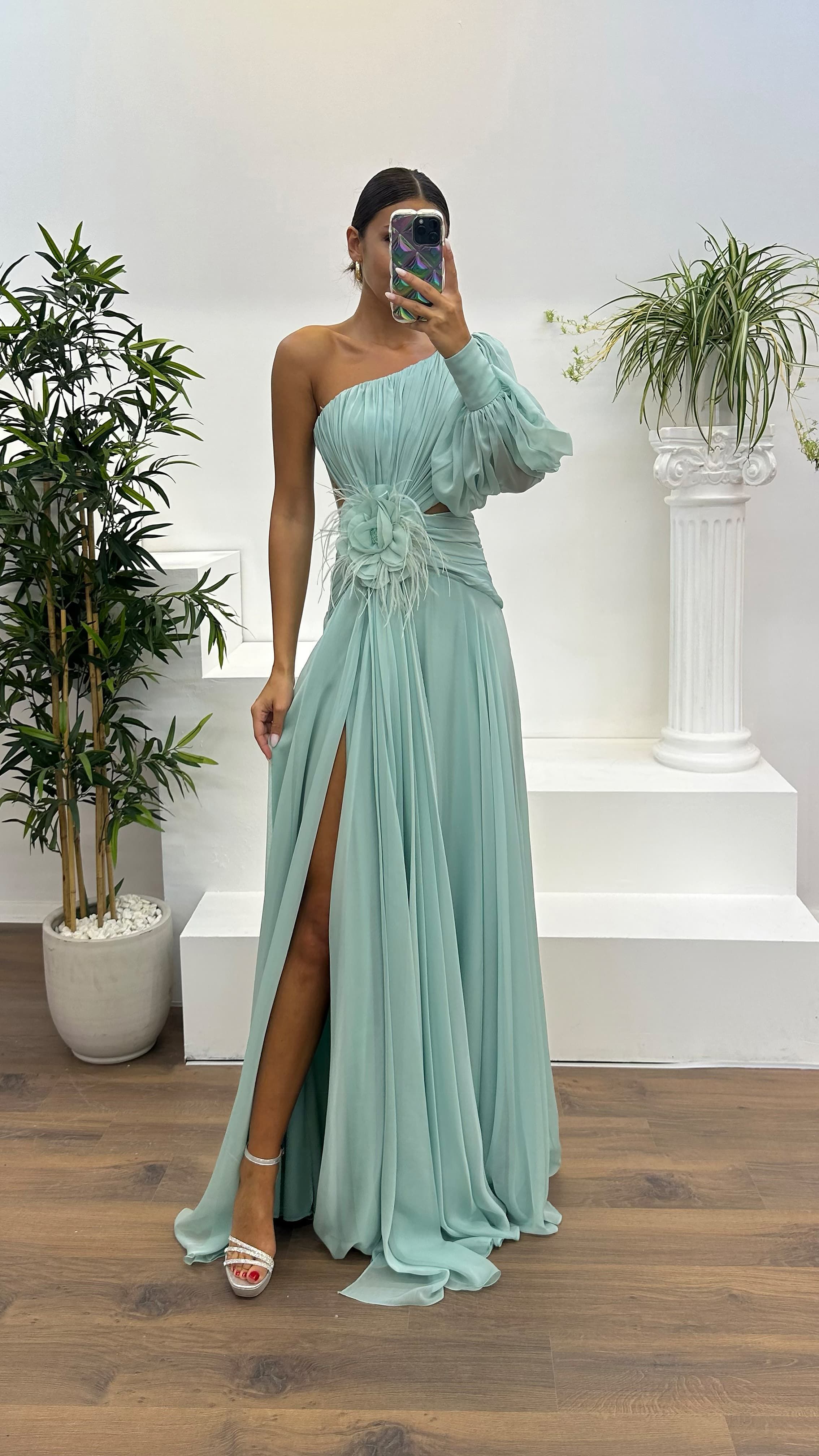 Single Sleeve Waist Sheer Flower Detail Evening Dress