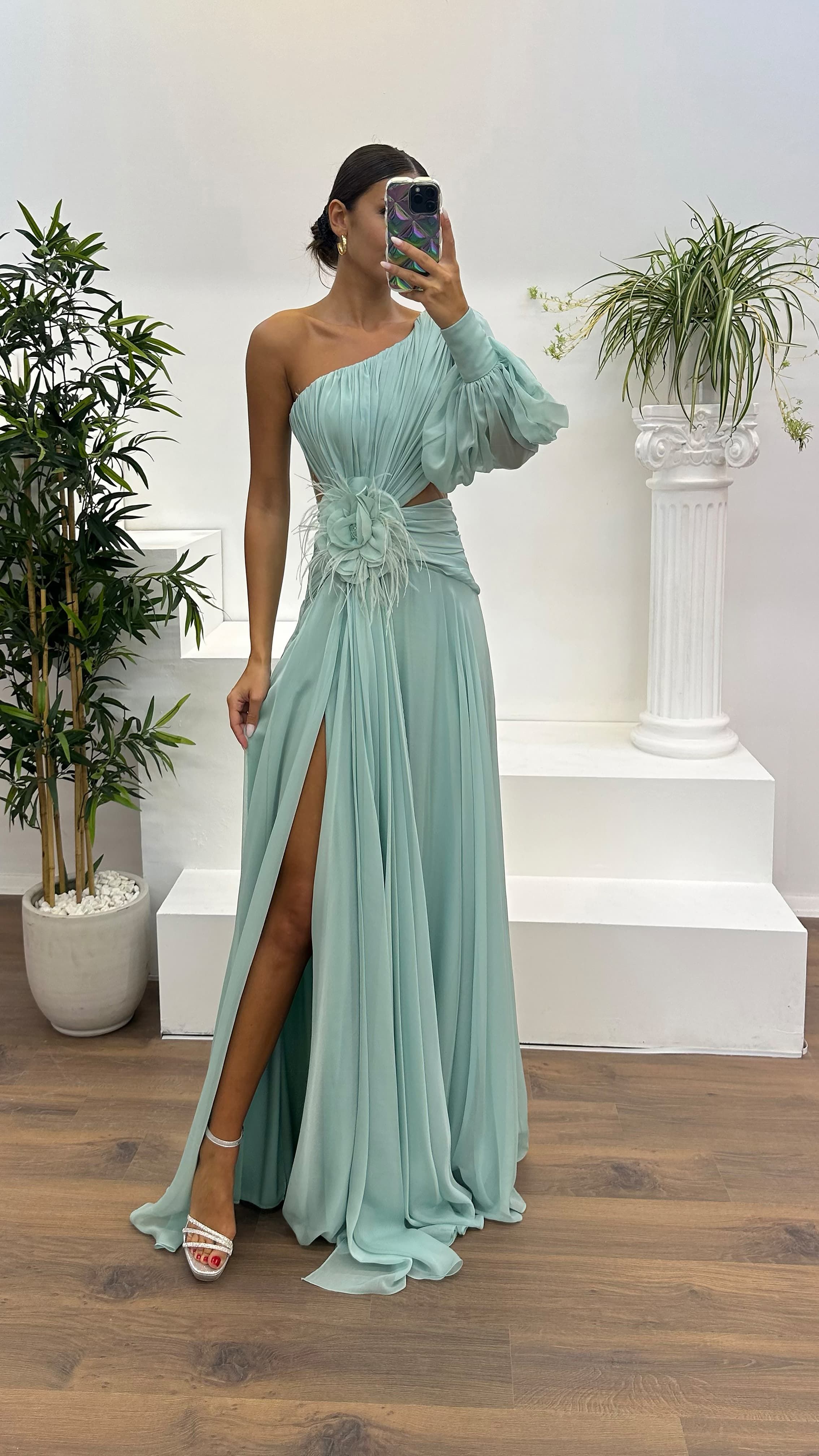Single Sleeve Waist Sheer Flower Detail Evening Dress