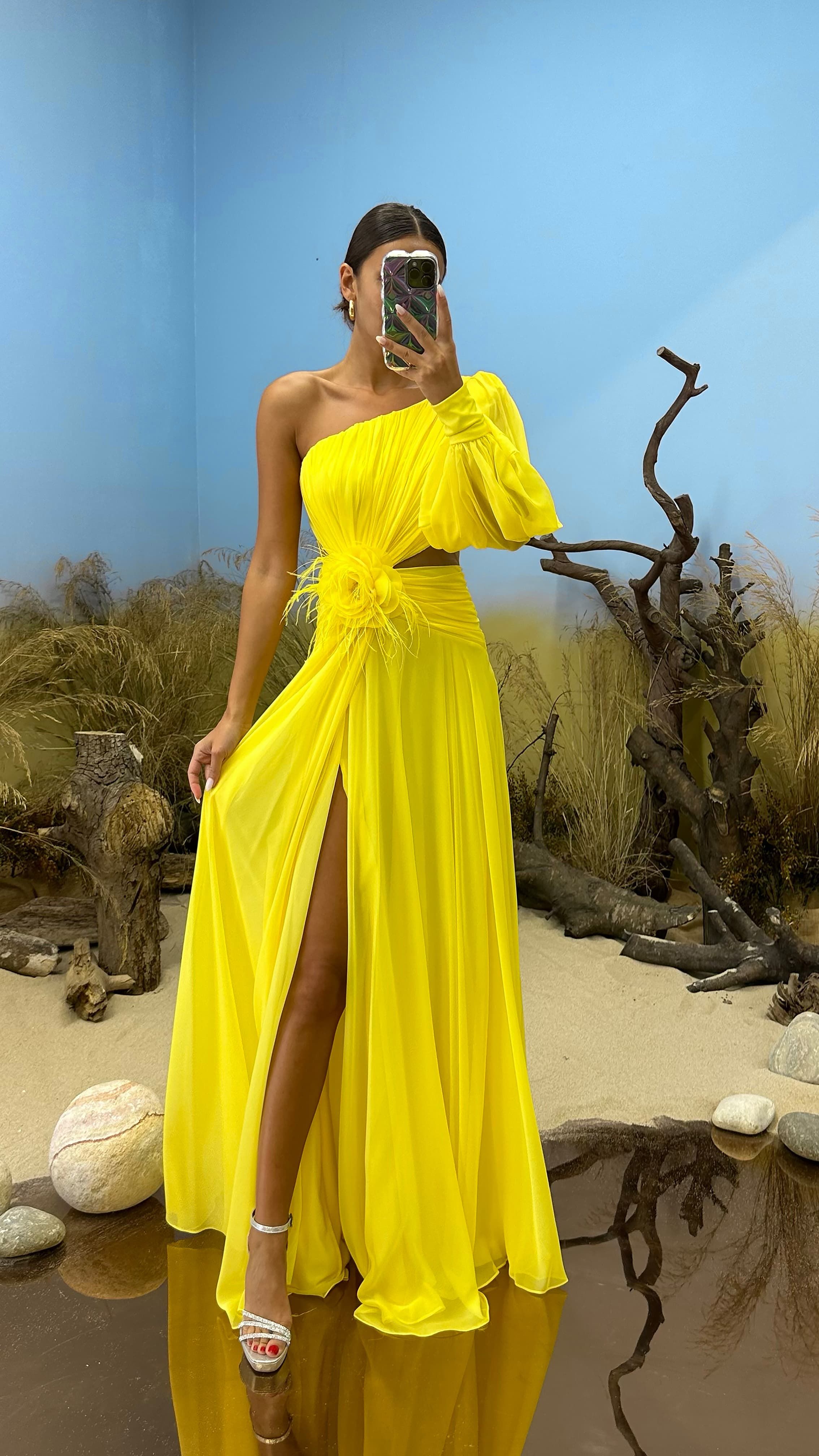 Single Sleeve Waist Sheer Flower Detail Evening Dress