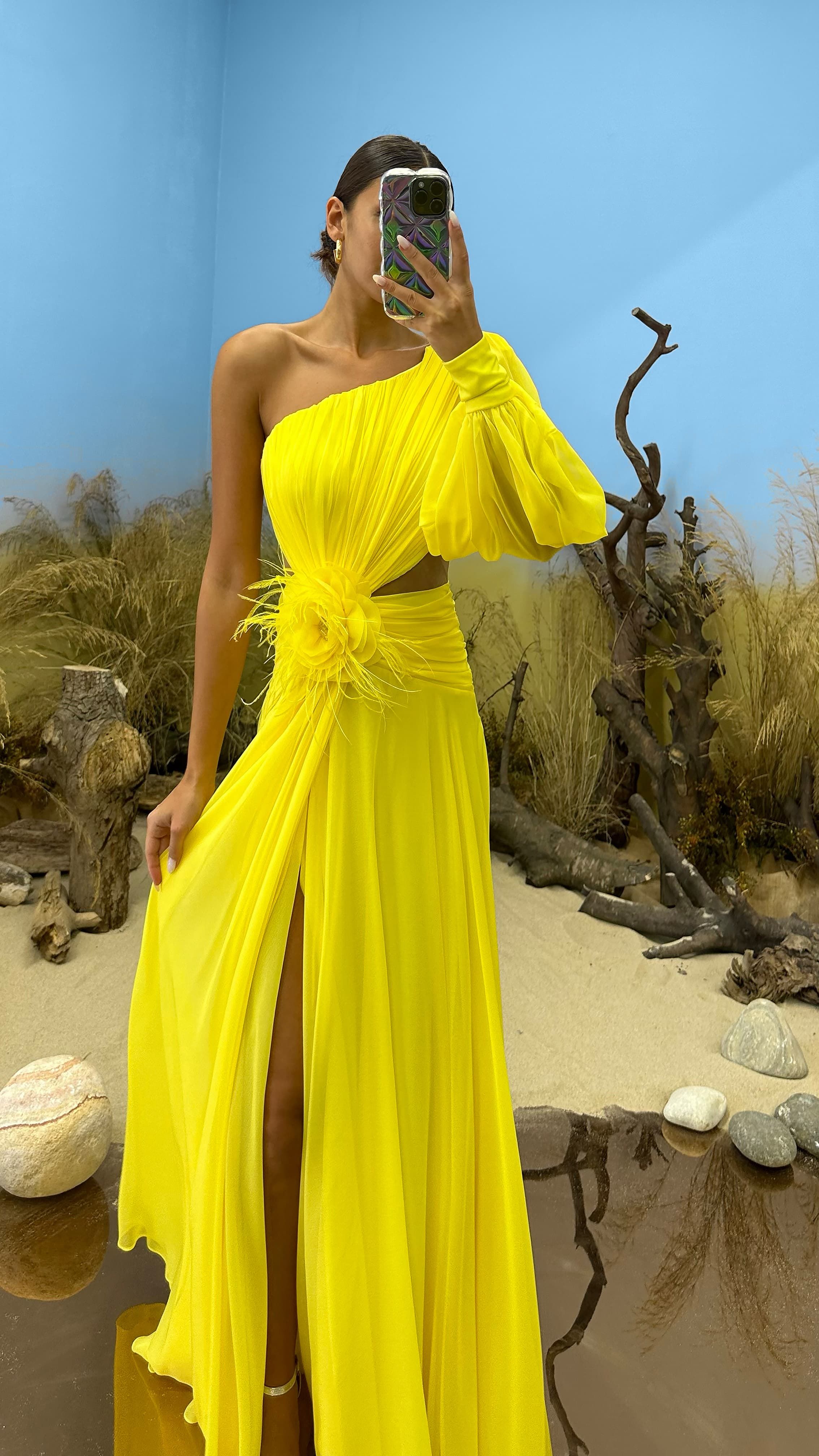 Single Sleeve Waist Sheer Flower Detail Evening Dress
