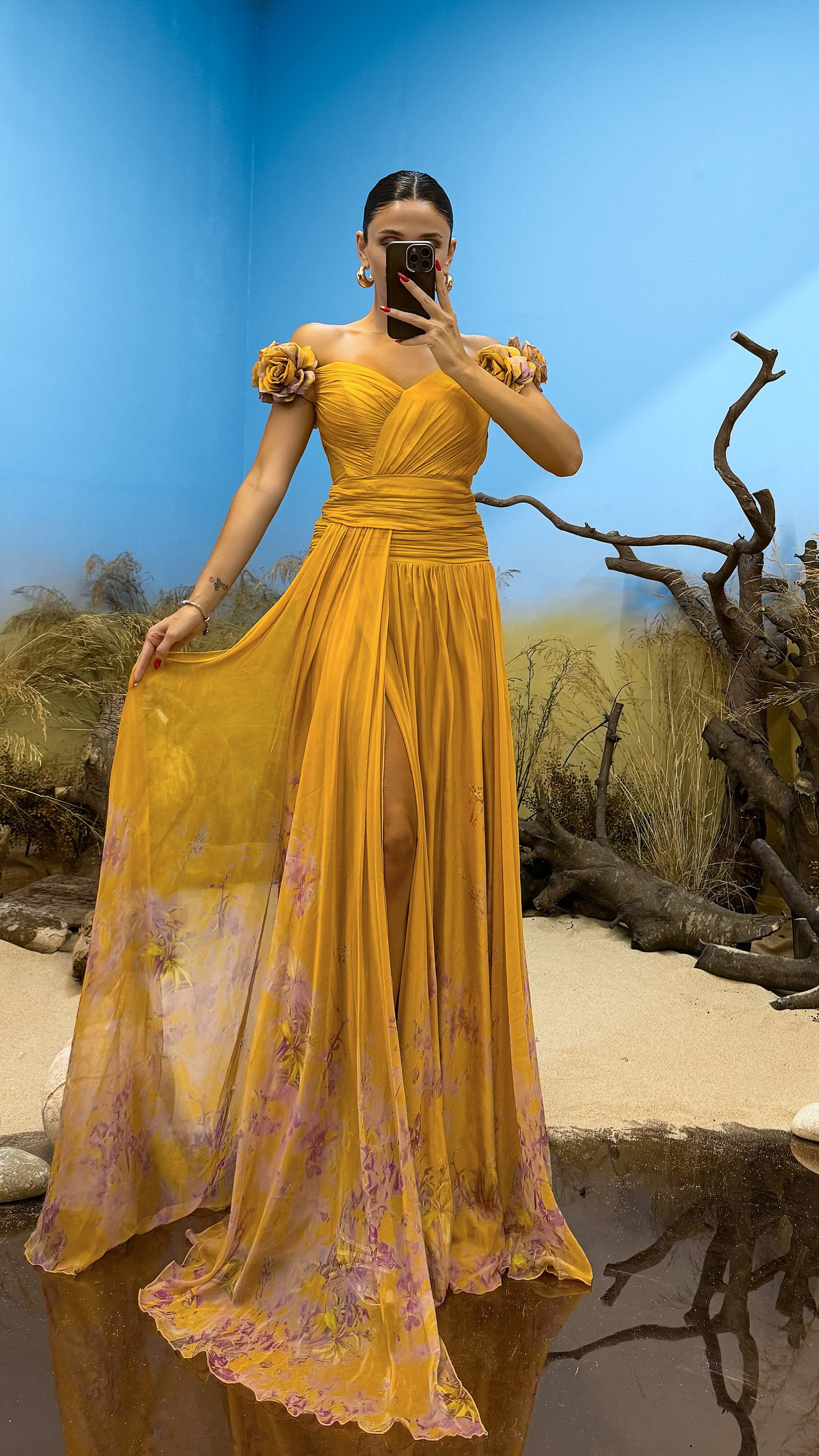 Waist Detail Patterned Chiffon Evening Dress