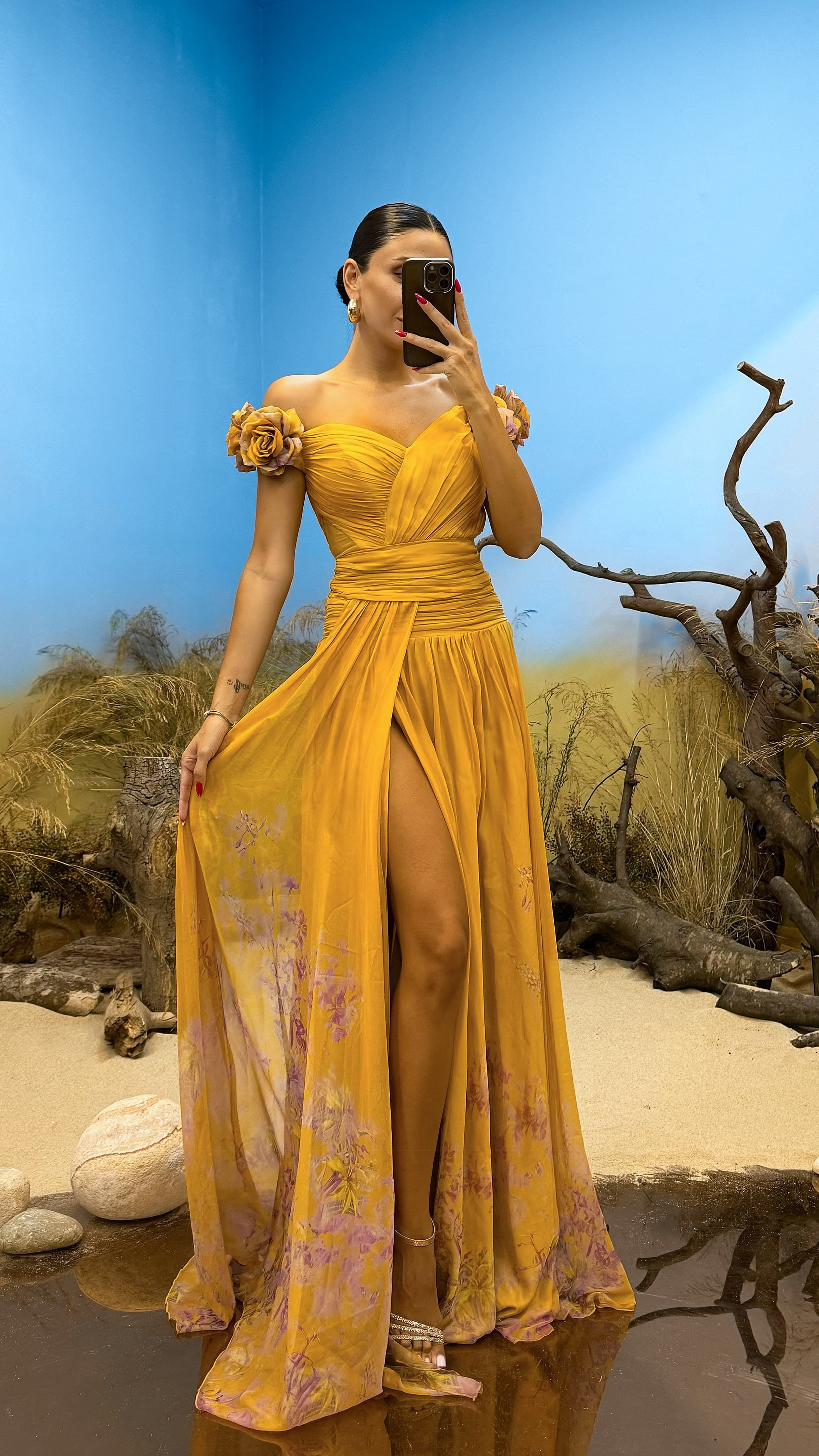 Waist Detail Patterned Chiffon Evening Dress