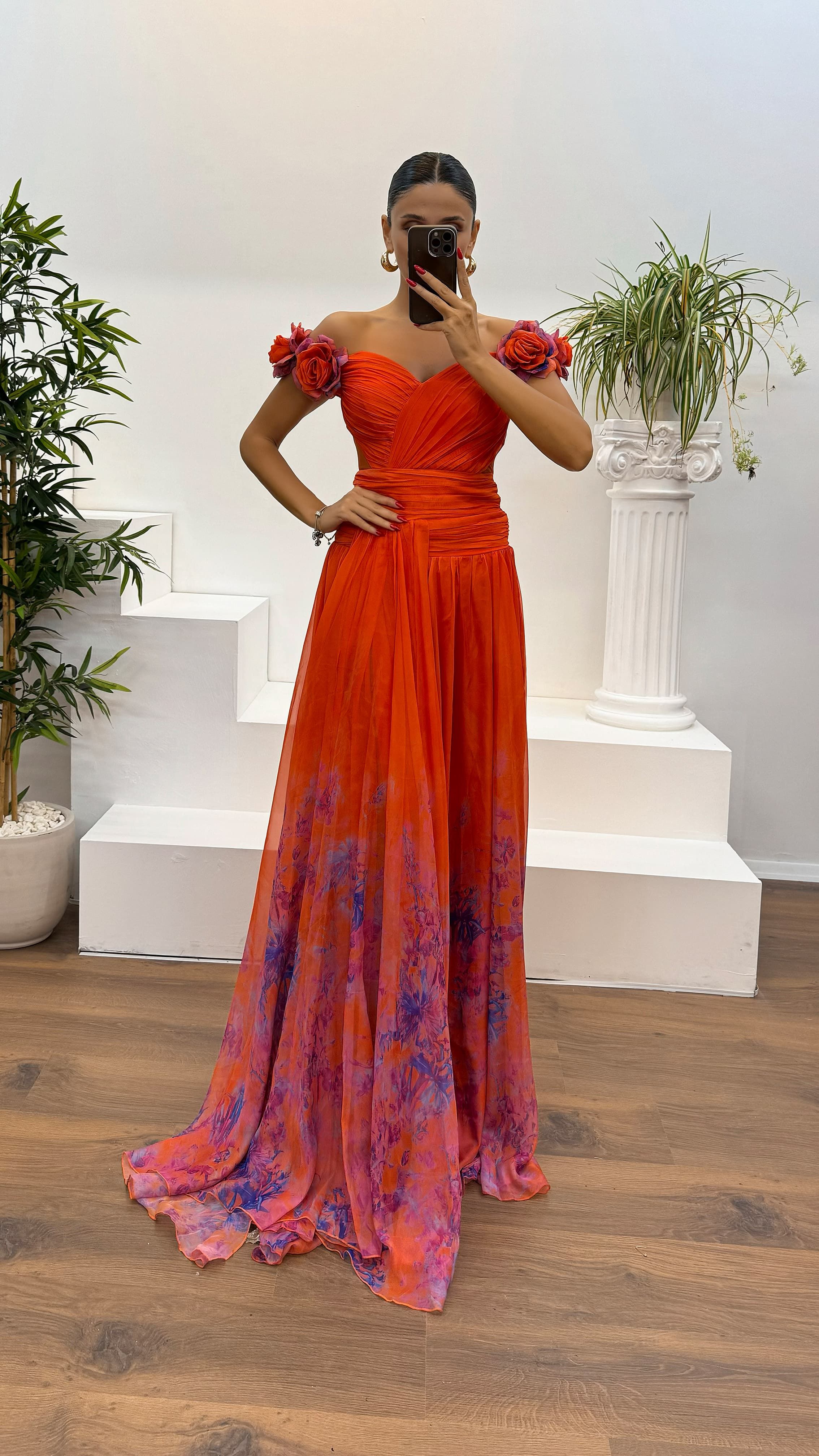 Waist Detail Patterned Chiffon Evening Dress