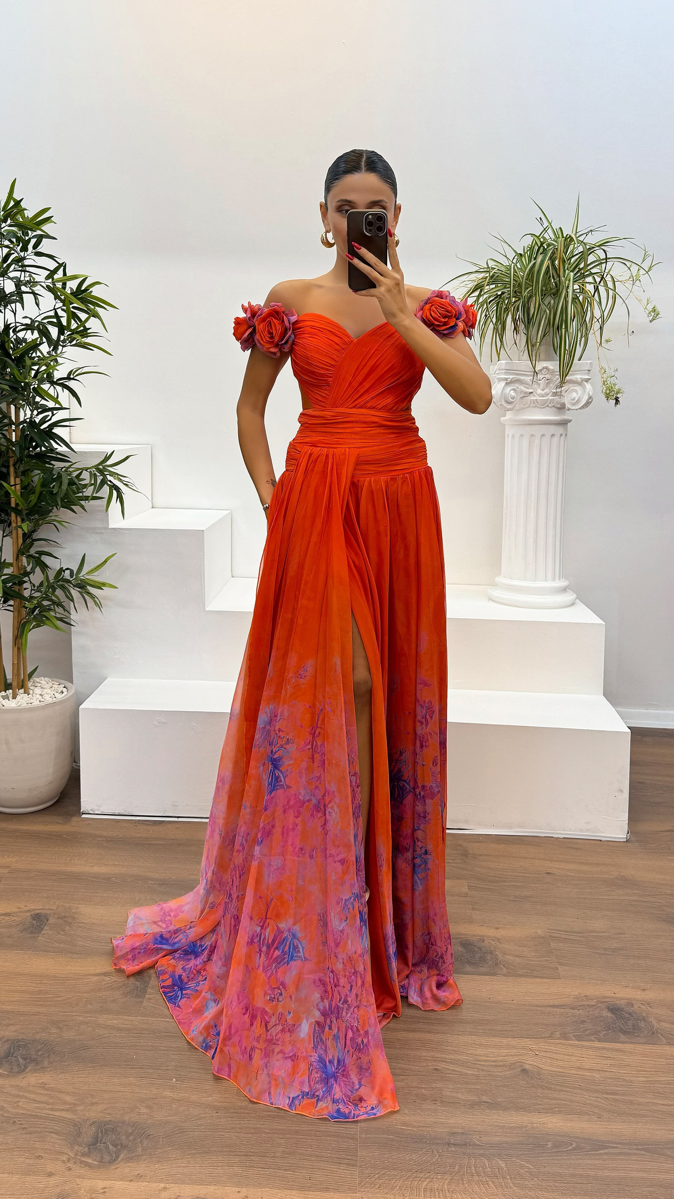 Waist Detail Patterned Chiffon Evening Dress