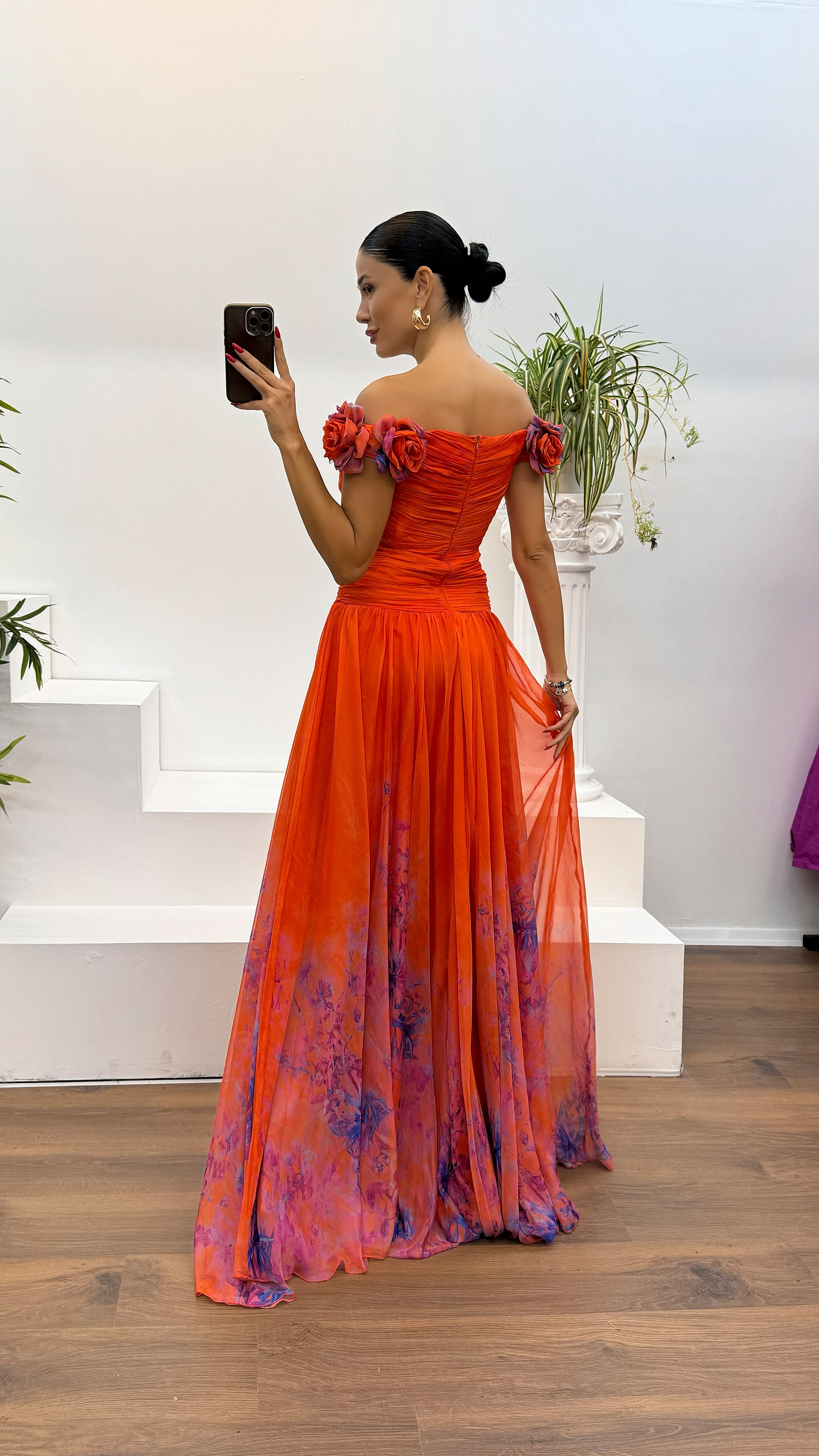 Waist Detail Patterned Chiffon Evening Dress