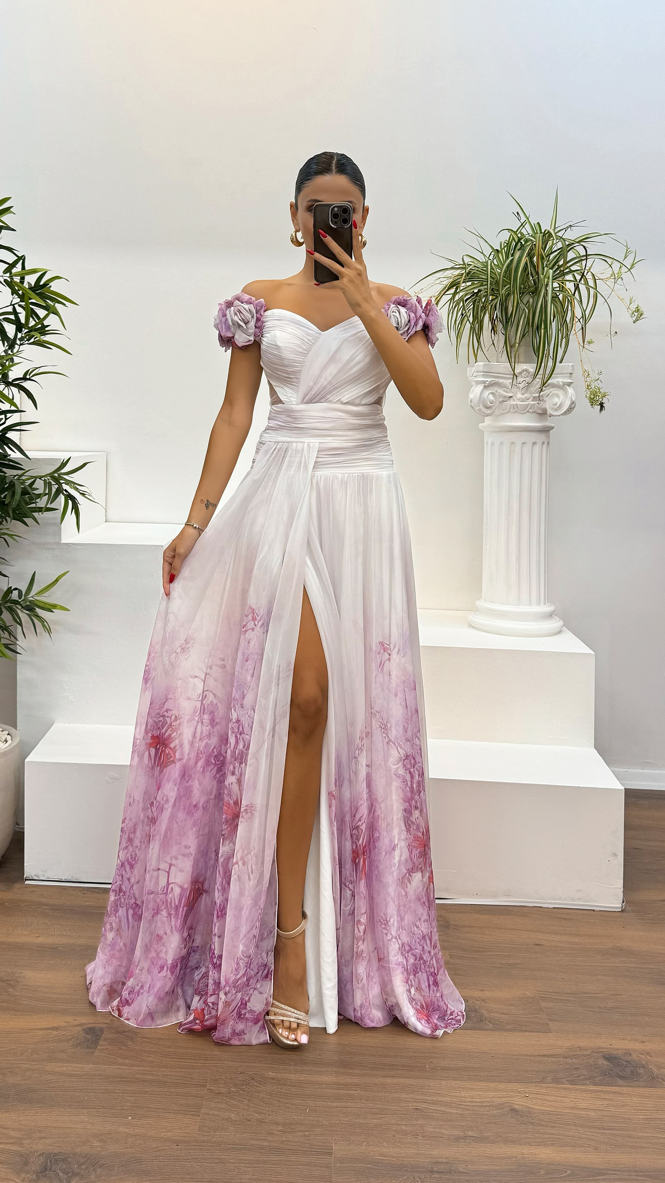 Waist Detail Patterned Chiffon Evening Dress