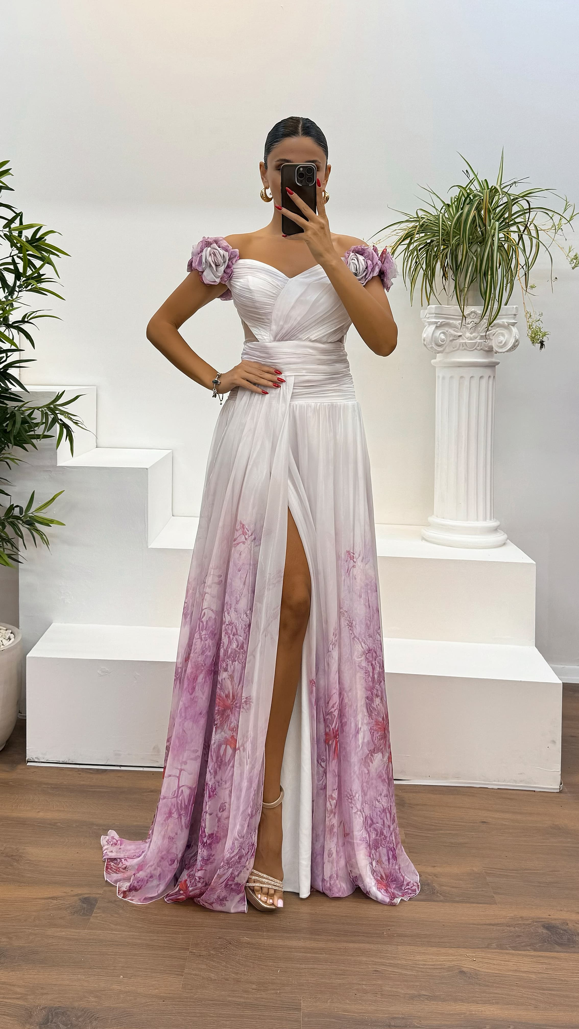 Waist Detail Patterned Chiffon Evening Dress
