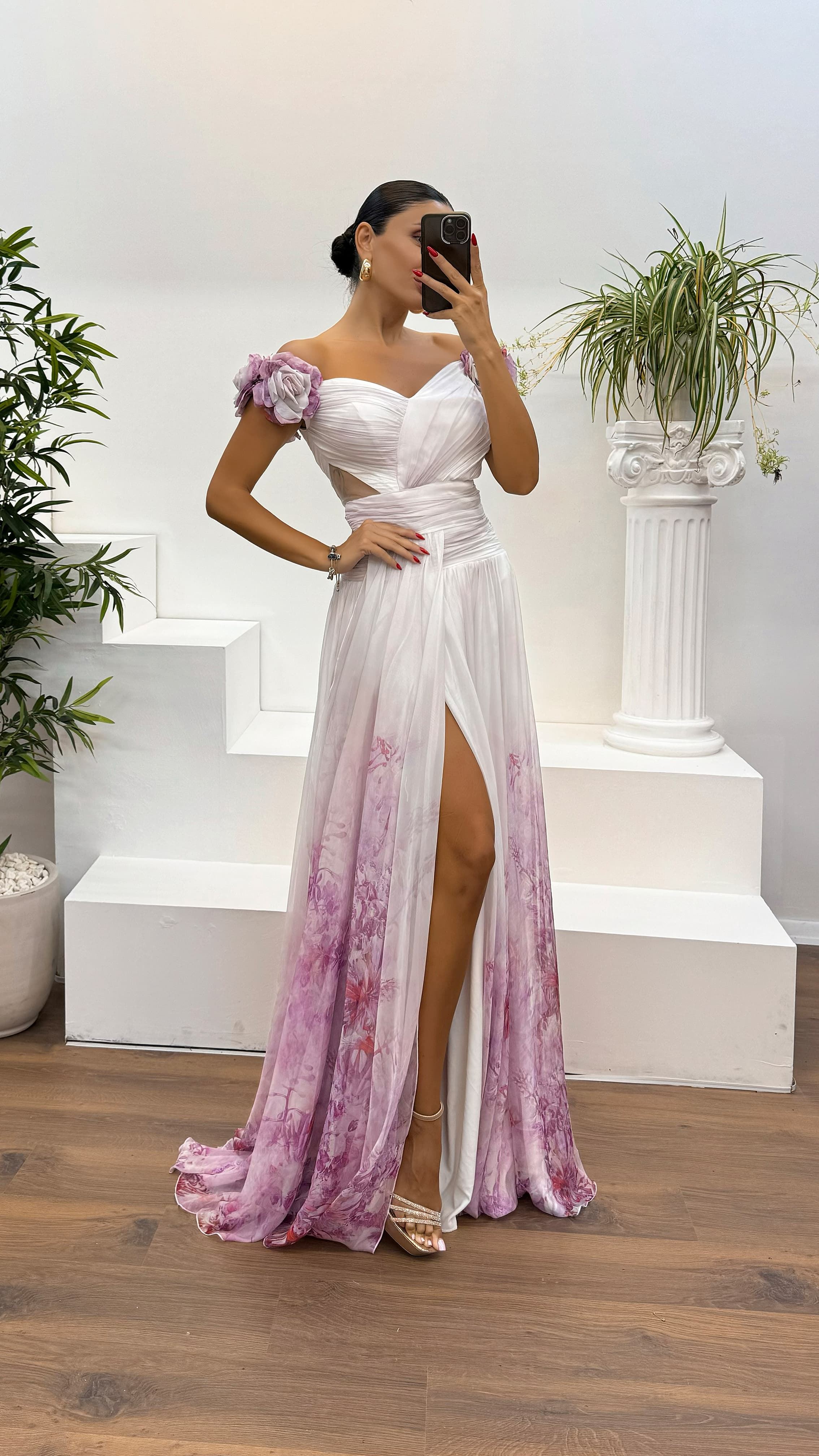 Waist Detail Patterned Chiffon Evening Dress