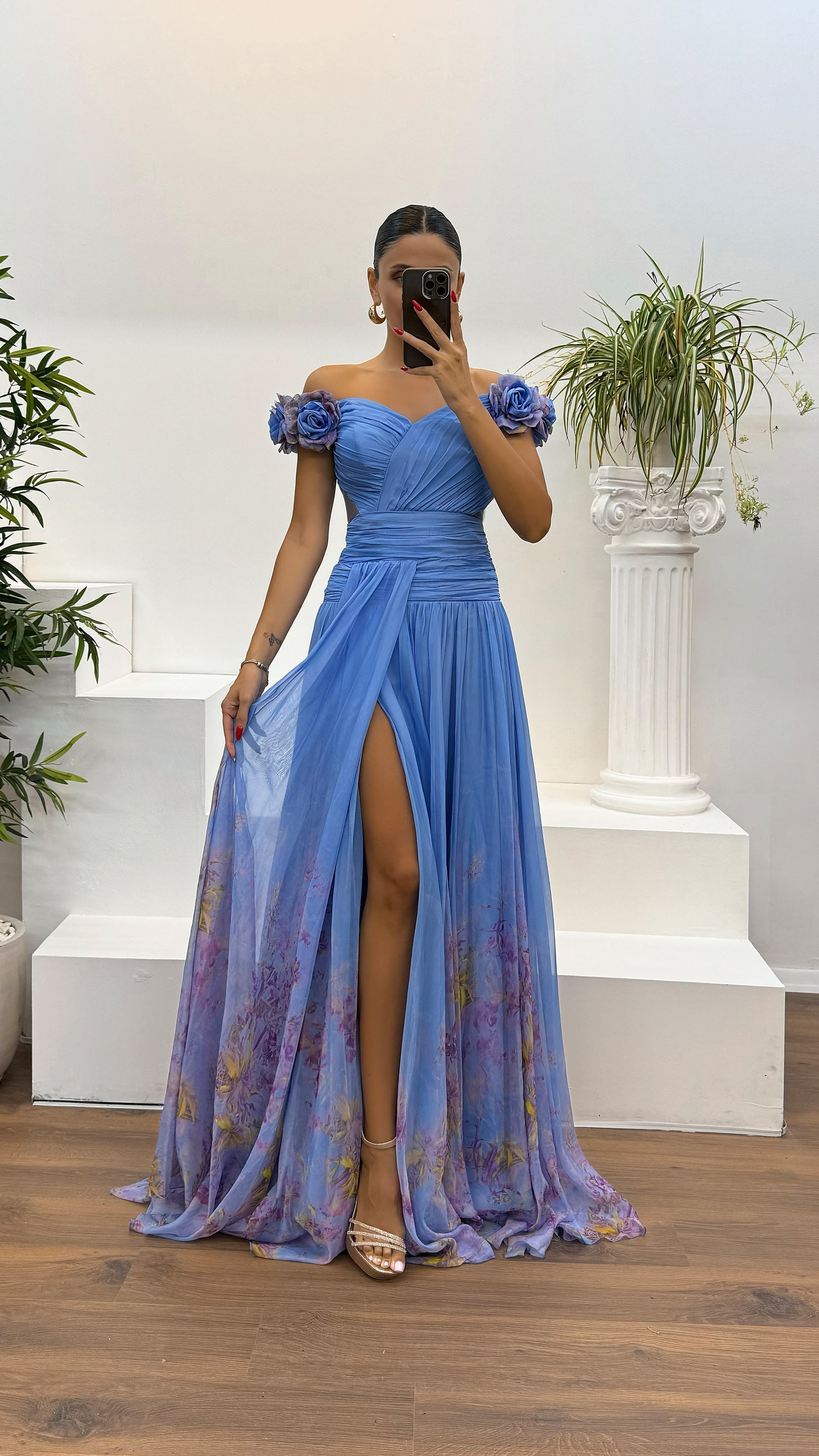 Waist Detail Patterned Chiffon Evening Dress