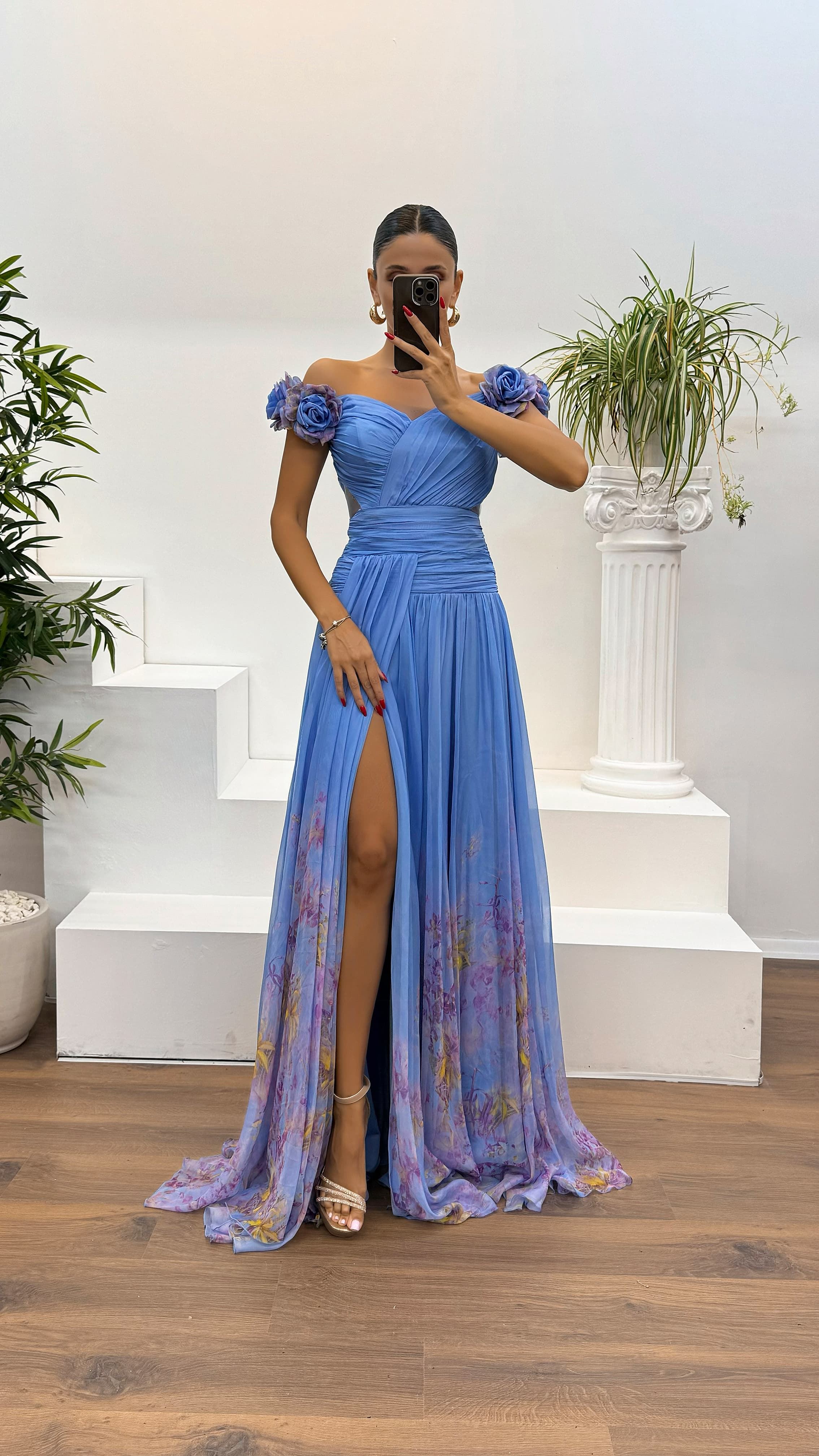 Waist Detail Patterned Chiffon Evening Dress