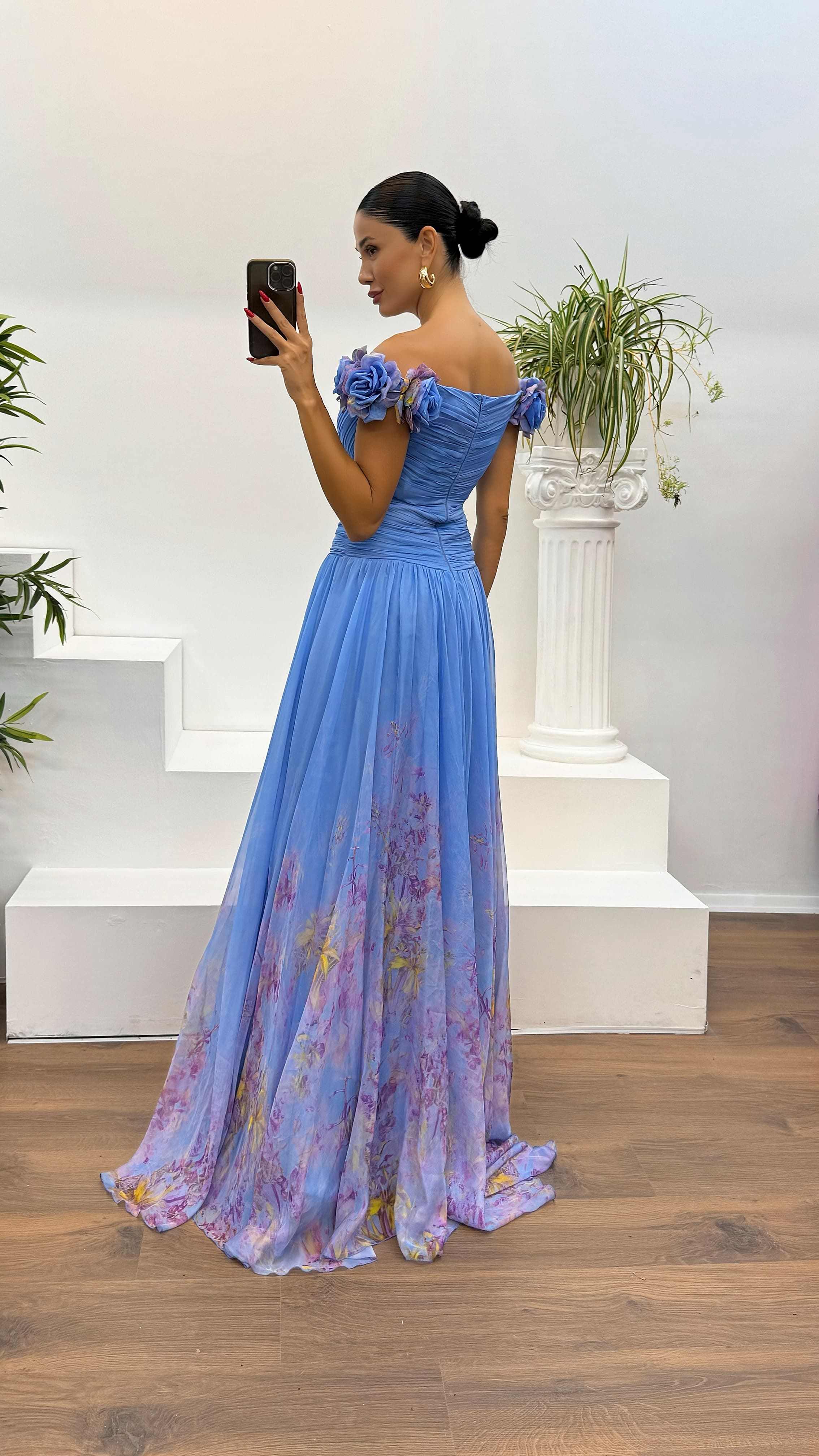 Waist Detail Patterned Chiffon Evening Dress