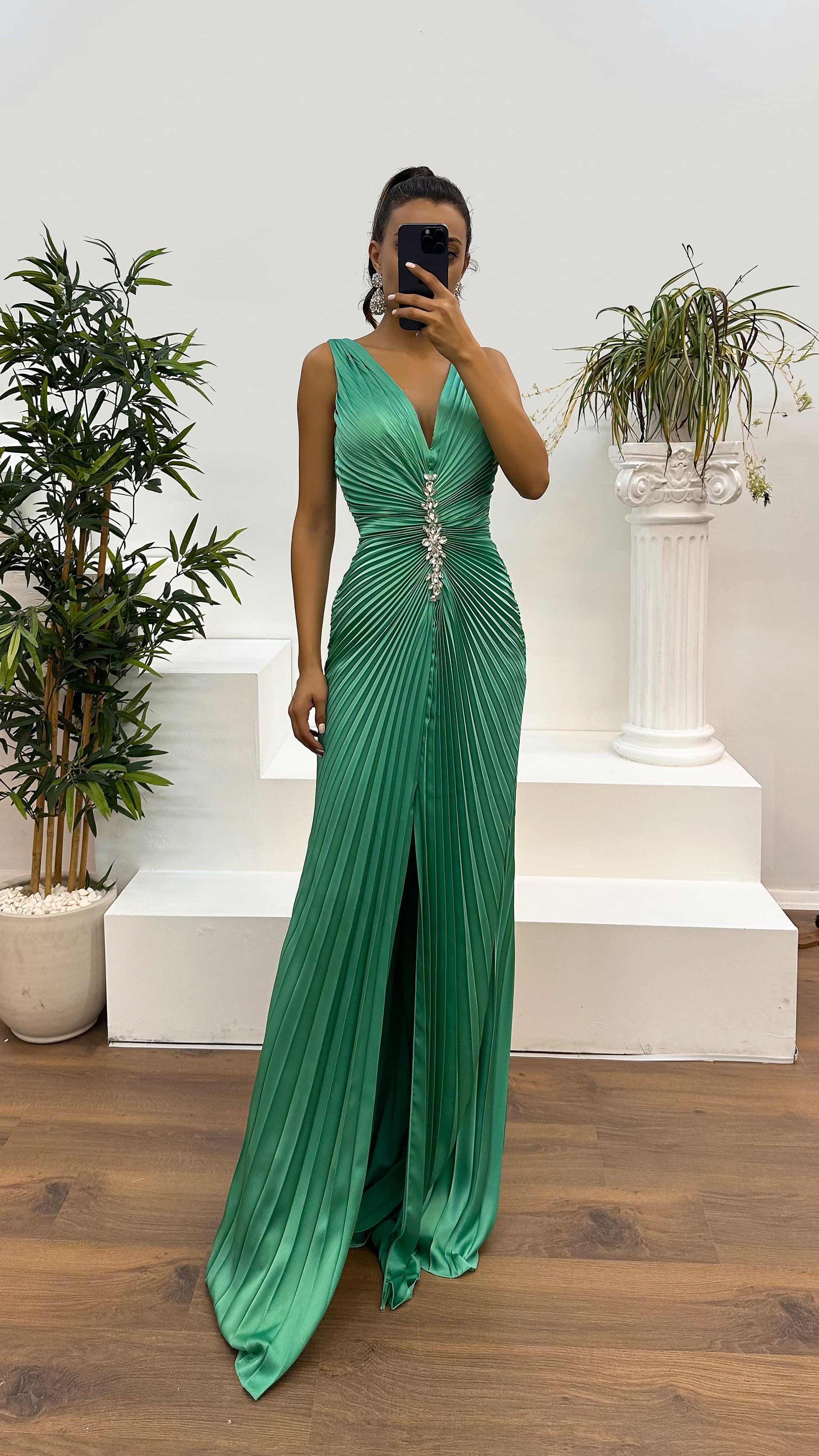 Mint Green Chest Stoned Pleated Embroidered Detail Design Dress