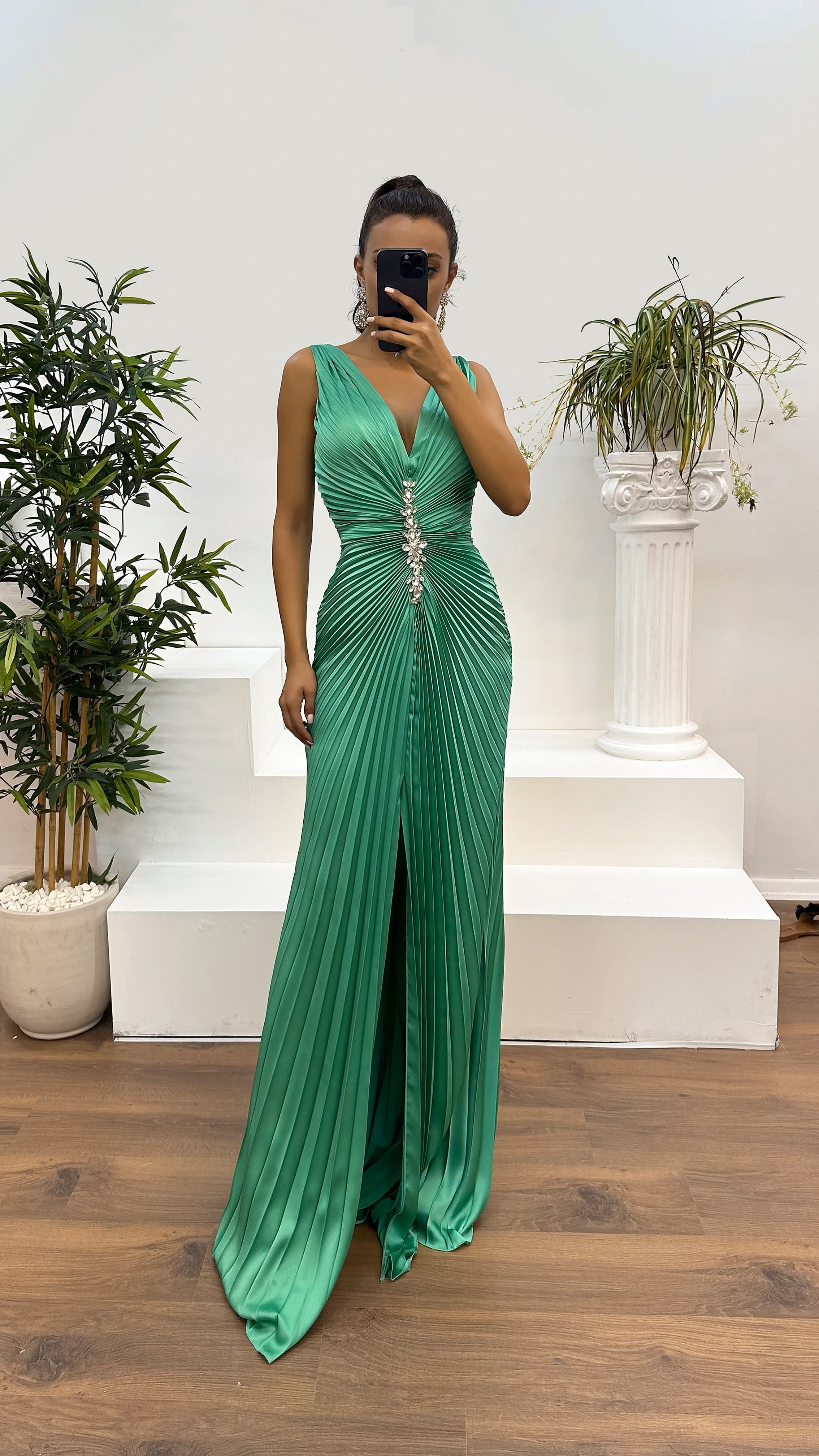 Mint Green Chest Stoned Pleated Embroidered Detail Design Dress